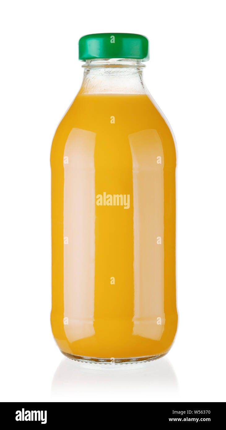 Orange juice in a glass bottle isolated on white background Stock Photo