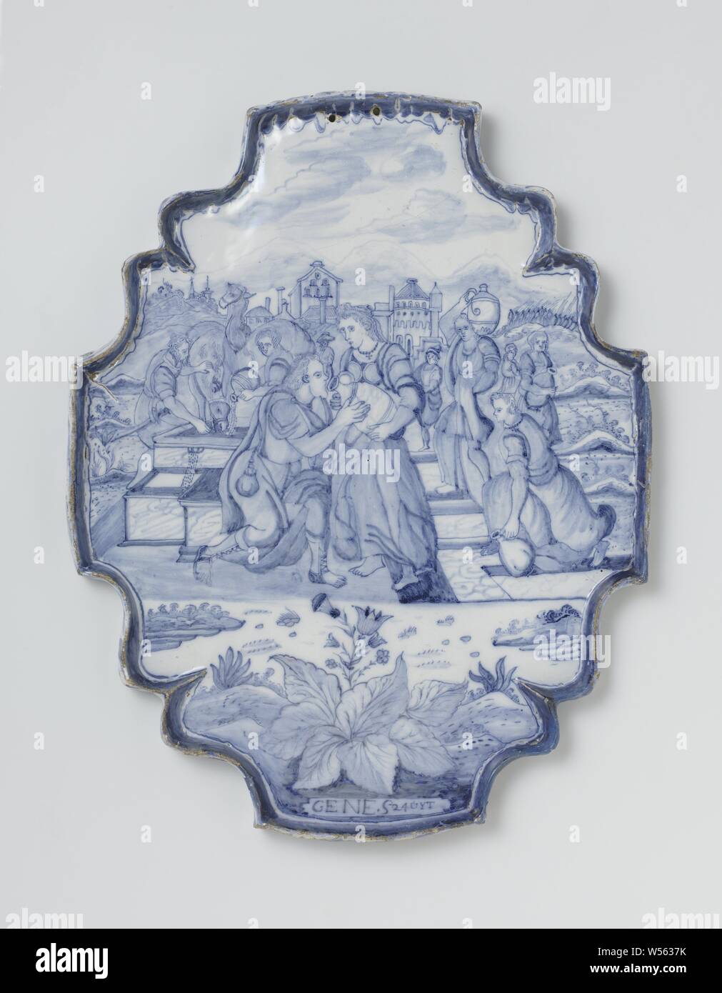 Plate with representation of Eliezer and Rebecca, Genesis 24, Plate of faience. With the presentation of Eliezer and Rebecca, Genesis 24., anonymous, Delft (possibly), c. 1740 - c. 1780, h 45.5 cm × w 36 cm Stock Photo