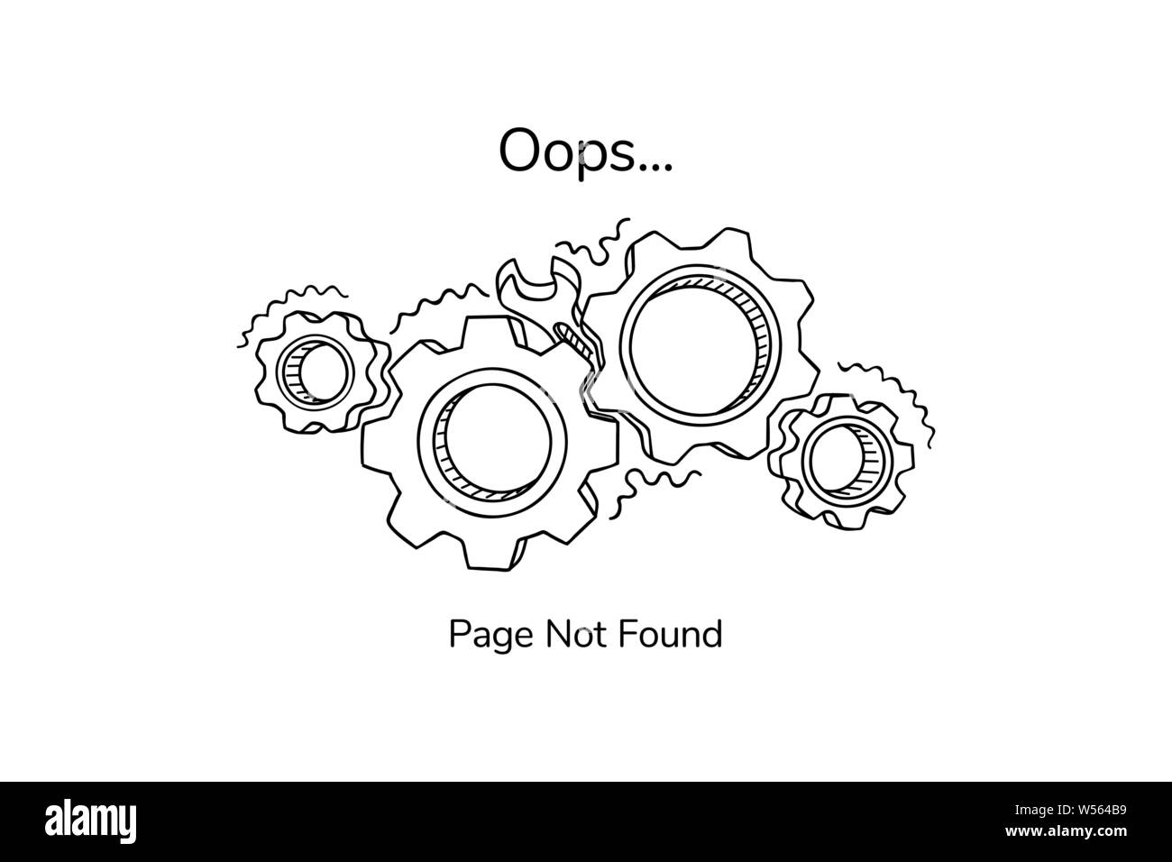 Page not found template for website. Non-working gears. Broken mechanism with a wrench vector illustration. Jammed mechanism Stock Vector
