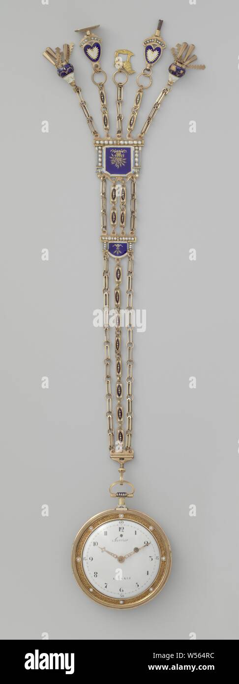 Watch chain with watch key, cachet, and two bré loques, Gold watch chain composed of several chains. Partly decorated with blue and white enamel. On the connecting pieces pearls and diamonds., Luke the evangelist, possible attributes: book, (winged) ox, portrait of the Virgin, surgical instruments, painter's utensils, scroll, ox (possibly with book), symbol of St. Luke, anonymous, Switzerland (possibly), c. 1820 - c. 1840, gold (metal), pearl, diamond (mineral), l 29.5 cm Stock Photo