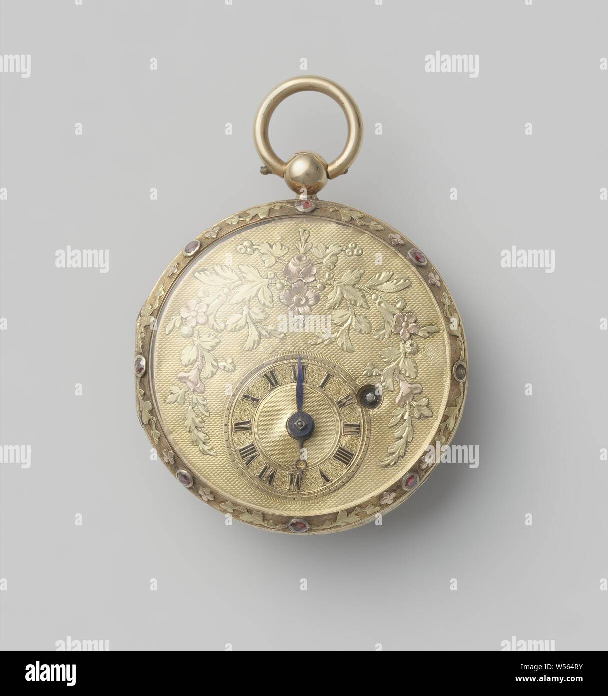 Watch, Golden watch with an engraved and embossed dial with small numeral  ring. The rear bottom is hammered and decorated with blue and red stones.,  anonymous, Switzerland (possibly), c. 1825 - c.