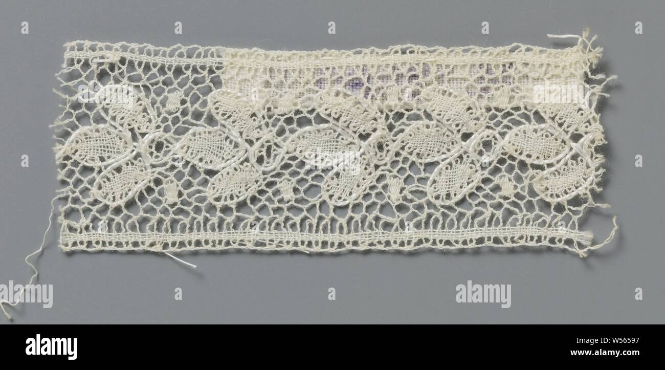Strip of bobbin lace with concatenated three-lobed leaves, Natural strip of bobbin lace, Buckingham lace. The repeating and continuous pattern forms a broad path across the center line of the strip. It consists of a concatenation of reclining three-lobed leaves with a circle at the base. The lobes are made in linen, each circle consists of a decorative mesh. A thick and shiny contour thread runs around both lobes and circles. Above and below the circle is a loose square template made in shape. The motifs are connected by a mesh ground, a lawn ground. The top and bottom of the strip are Stock Photo