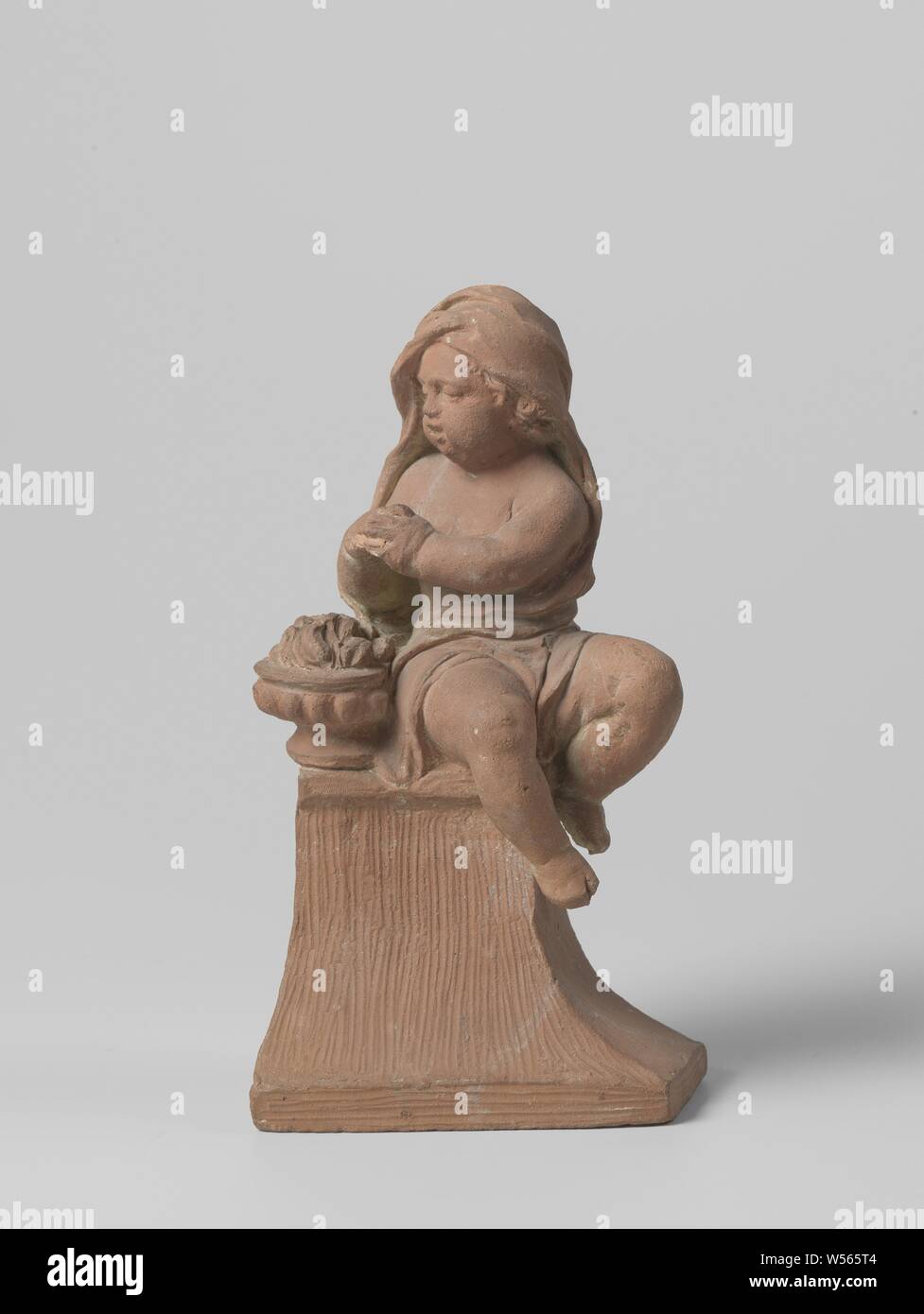 Season, presented by child with attribute, Northern Netherlands, 1725 - 1740, terracotta (clay material), h 19 cm × w 10.5 cm × d 7 cm Stock Photo