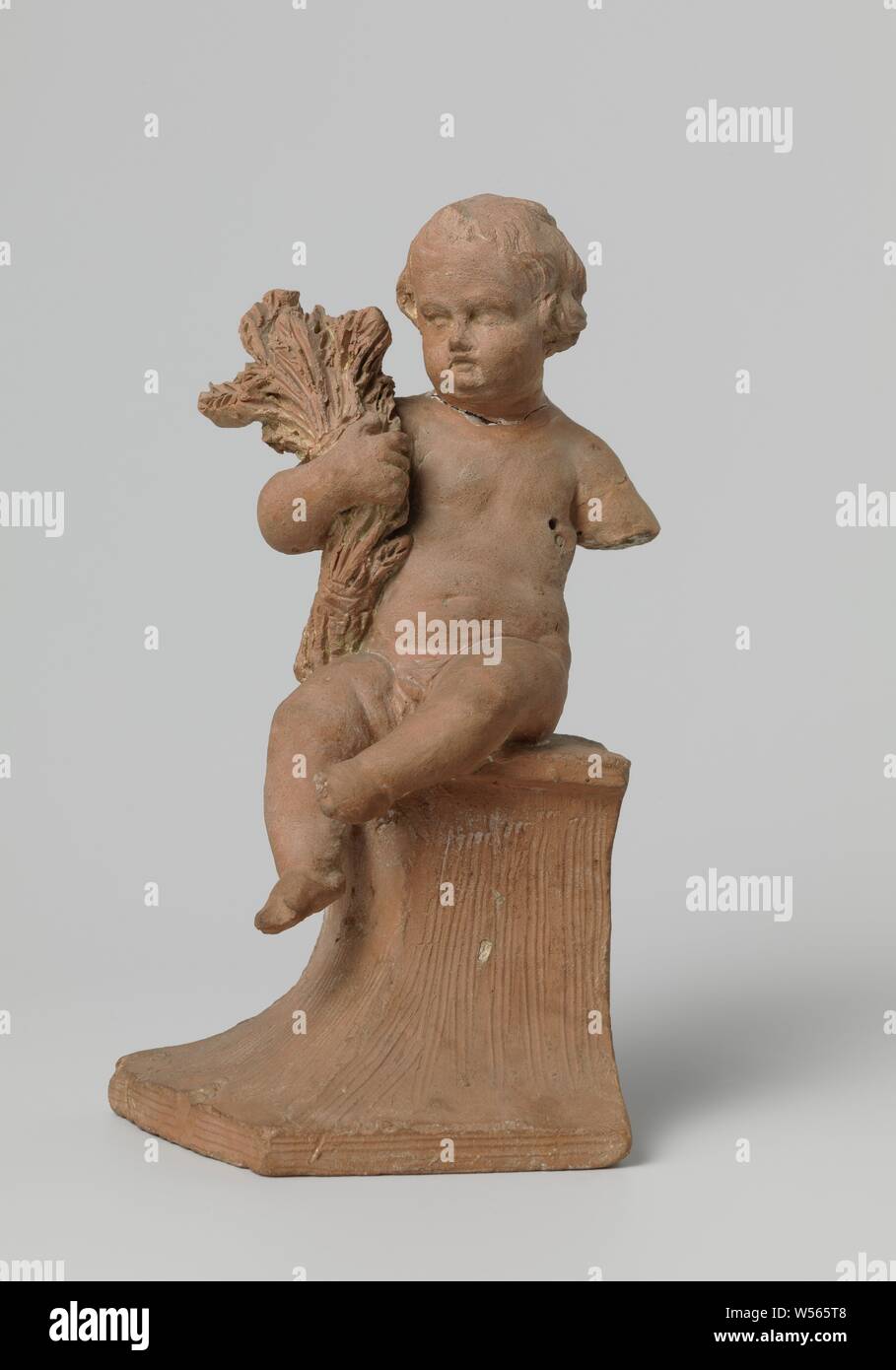 Season, presented by child with attribute, Northern Netherlands, 1725 - 1740, terracotta (clay material), h 19 cm × w 11 cm × d 8 cm Stock Photo