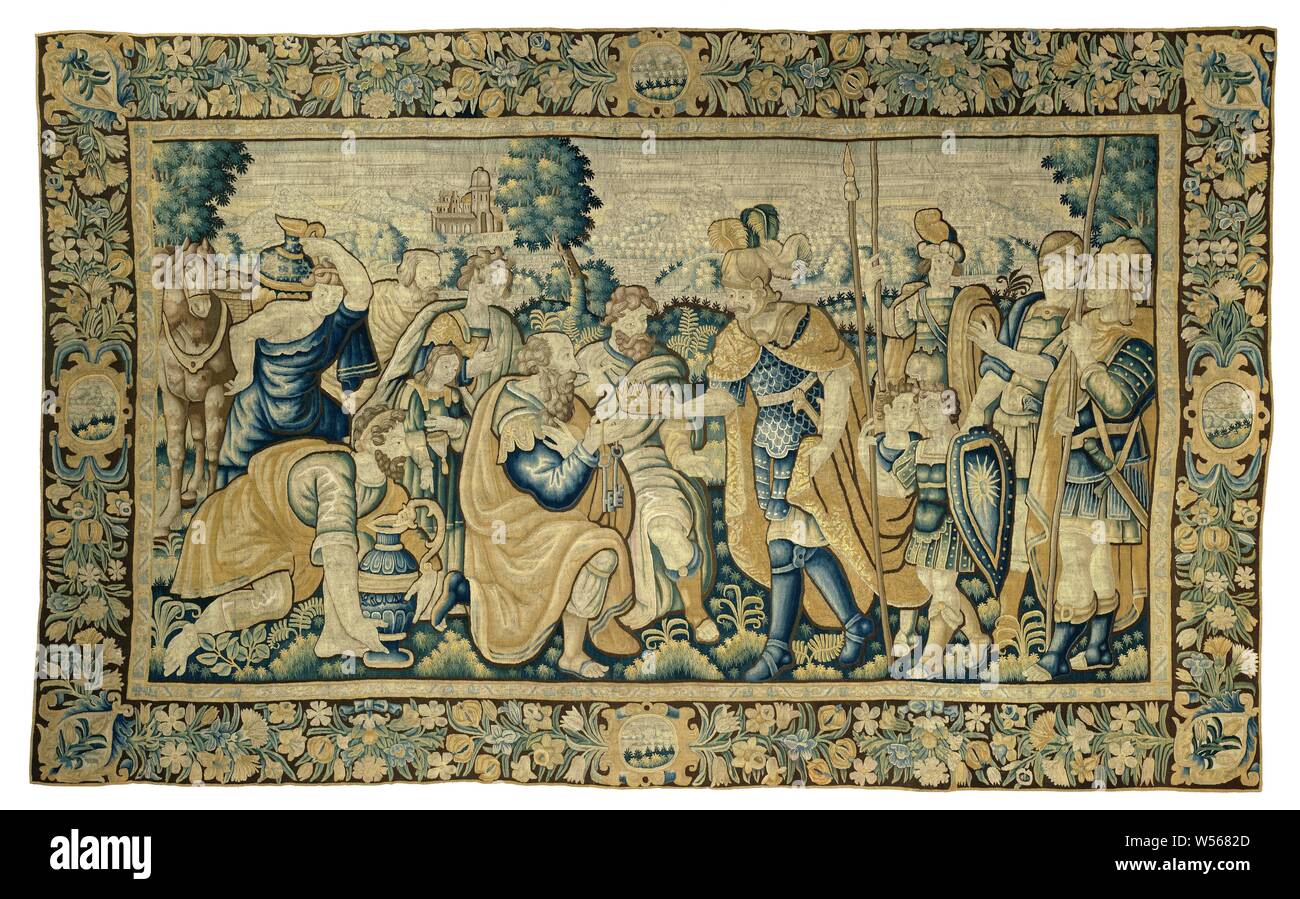 The defeated king Porus appears before Alexander, who gives him back his reign The history of Alexander the Great (series title), Tapestry with Alexander returning the royal crown to Porus, from a series with the history from Alexander the Great., anonymous, Southern Netherlands, c. 1625 - c. 1650, ketting, inslag, tapestry, h 311.0 cm × w 508.0 cm Stock Photo