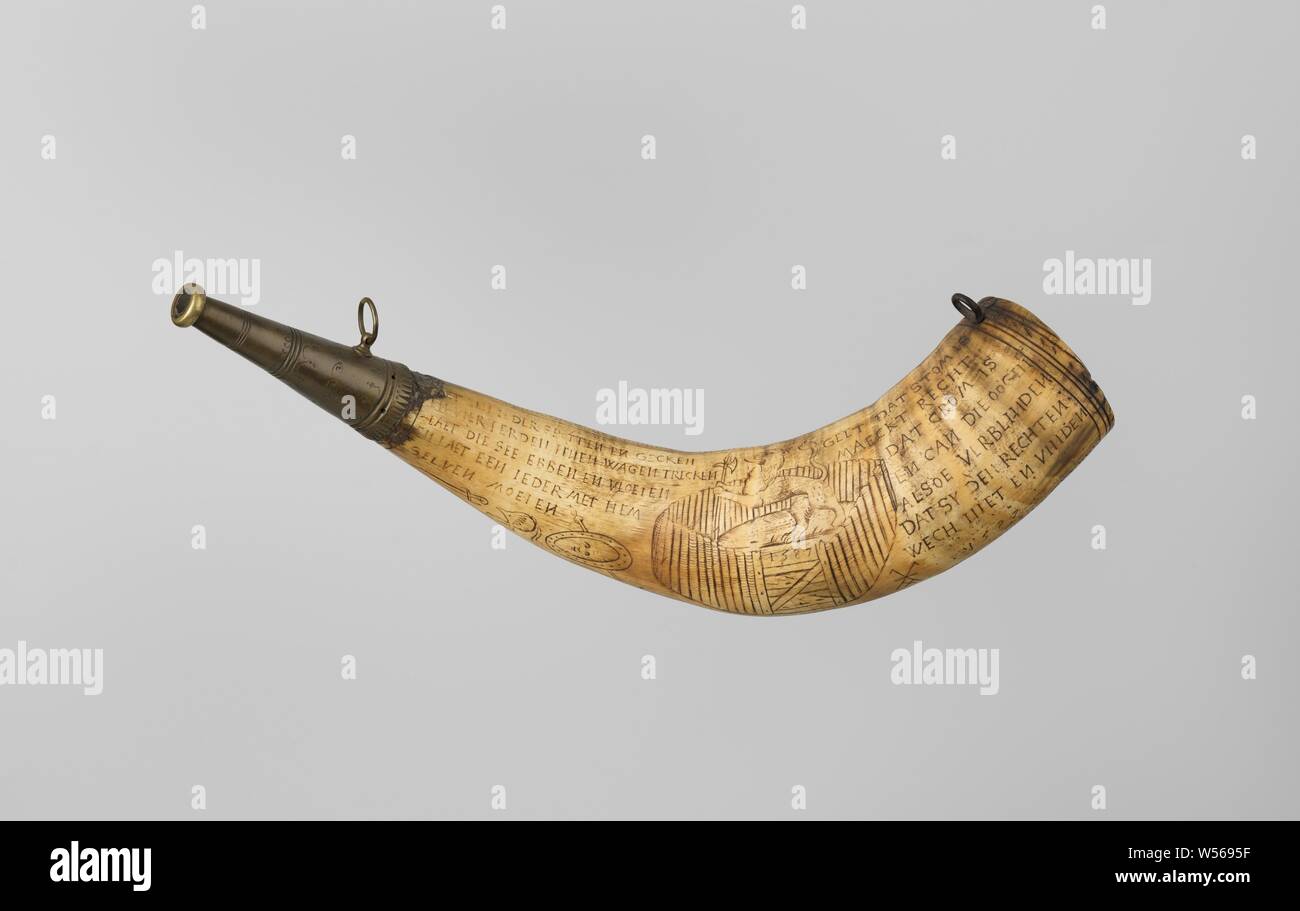 Horn (end-blown horn), Hunting horn of cow horn, on one side, a pack hunt  for a wild boar in a forest with two farms in the background, on the other  side a