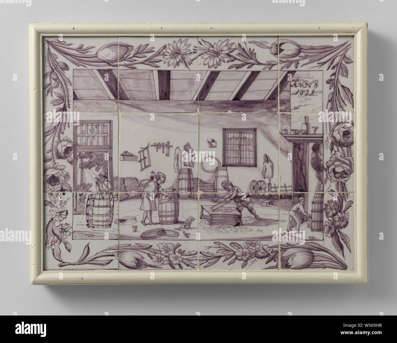 Tile picture of a cooperage, Tile picture of twelve tiles (3 x 4) with purple painted figures in a cooperage. The frame consists of flowers. Above right the inscription: ANNO 1821., anonymous, Holland, 1821, earthenware, tin glaze, h 42.5 cm × w 55 cm × d 5 cm Stock Photo