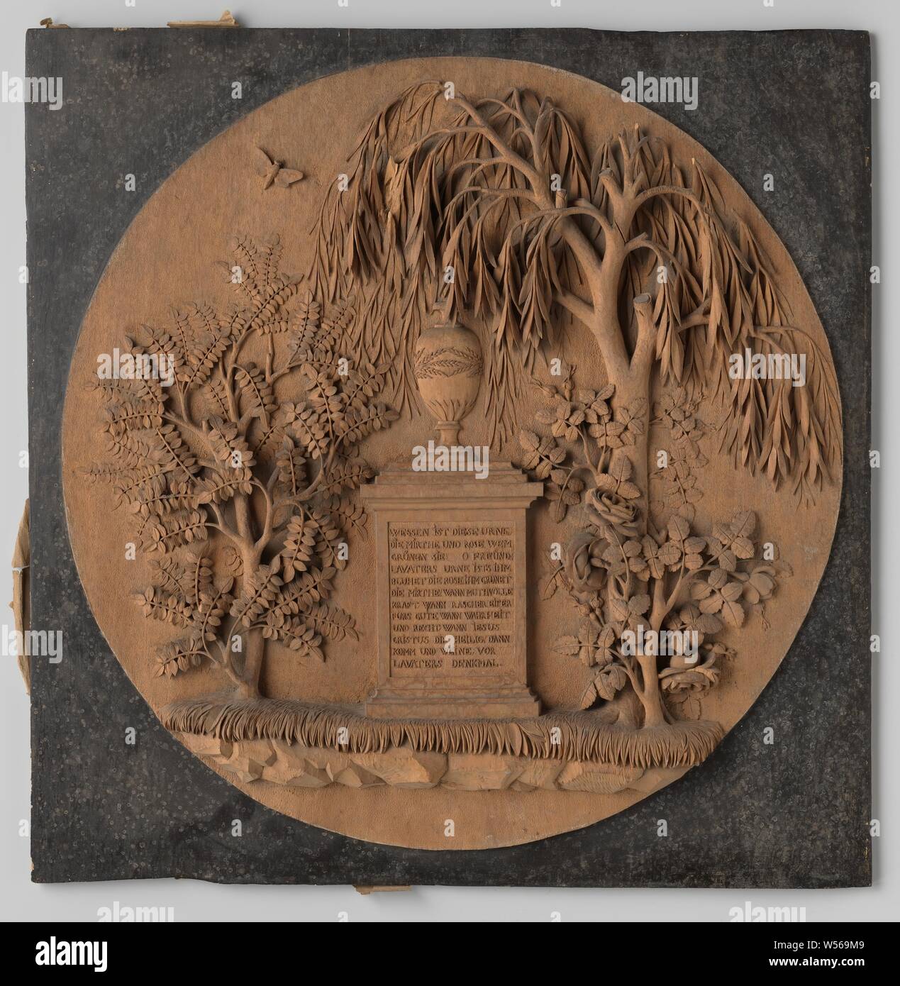 Symbolic representations on Johann Kaspar Lavater's dying, Sensory representations on Johann Kaspar Lavater's dying, with German writing. Bas relief carved in wood. In a frame behind glass., anonymous, in or after 1801, wood (plant material), h 78.0 cm × w 78.0 cm × d 5 cm Stock Photo