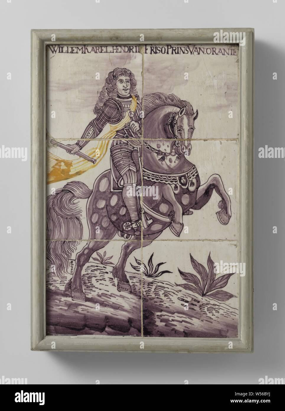 Tile panel with portrait Prince William IV on horseback, with inscription: WILLEM KAREL HENDRIK FRISO PRINCE OF ORANY, Tile panel of 6 tiles (3 x 2) with a multi-colored (purple and yellow) portrait of Prince William IV painted by horse. At the top, the inscription: WILLEM KAREL HENDRIK FRISO PRINCE OF ORANIA, William IV (Prince of Orange-Nassau), anonymous, Netherlands, 1760 - 1795, earthenware, tin glaze, h 42.5 cm × w 29 cm × d 5 cm Stock Photo