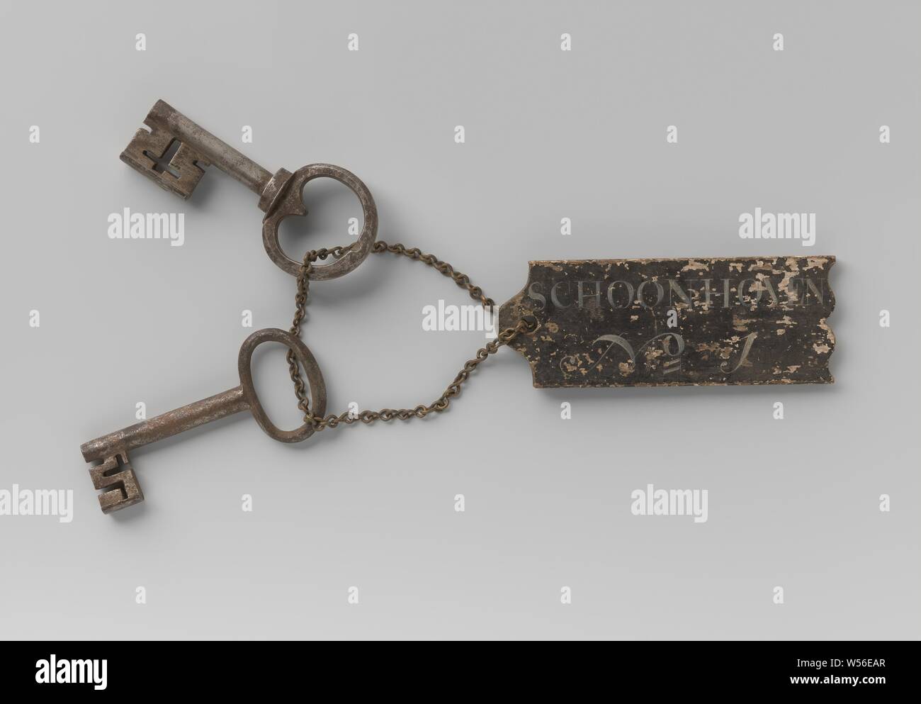 Keys, Some 19 keys, probably from the recipient general, having served to  open the cash boxes of the special recipients. Tied to boards (labels) with  the names of Schoonhoven No 1 with