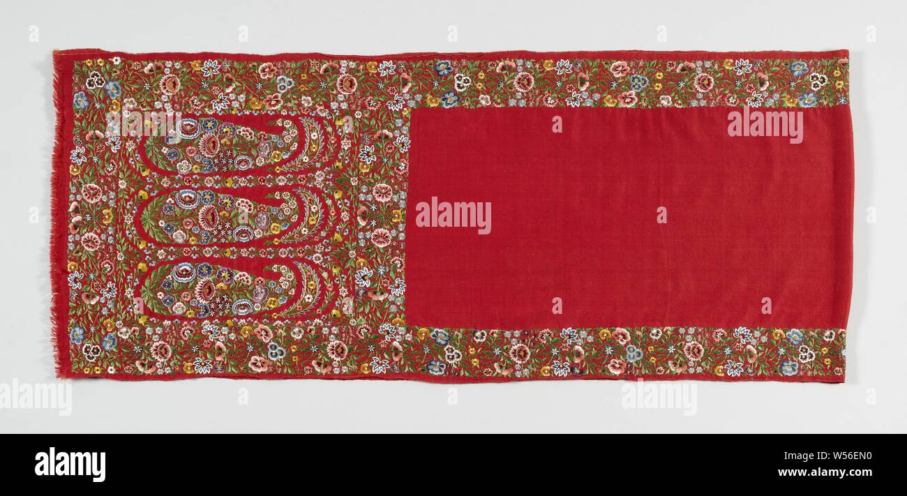 Rectangular scarf of red silk with a narrow embroidered multicolored floral border and worked-through palmettes at the ends, inside which three embroidered standing botas, Rectangular scarf of red silk with a narrow embroidered multicolored floral border and worked-over palmettes at the ends, inside which three embroidered standing botas., anonymous, Europe, before 1888, geheel, versiering, embroidering, l 260 cm × w 53 cm Stock Photo