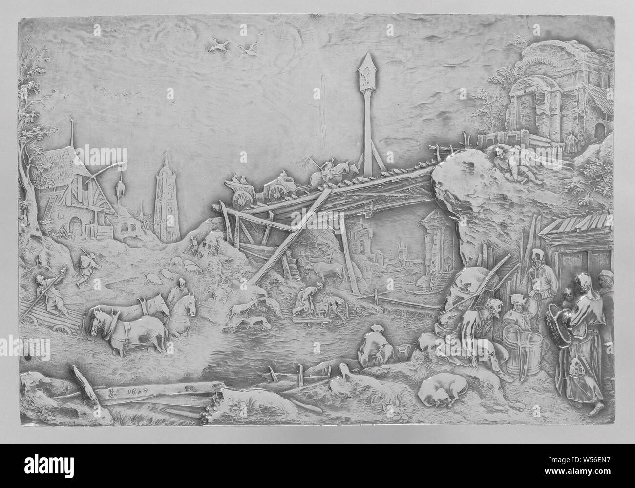 River Landscape River landscape, Rectangular, silver plaque. A wooden bridge stands on the high banks of a stream, over which a carriage strung with two horses runs. Figures and animals in the landscape, horses wading in the water. Right in the foreground, gathered around a tub, a group of five people and a dog. A little further on the waterfront a fisherman, bridge in village across river, canal, etc., Paulus Willemsz. van Vianen, Praag, 1607, silver (metal), h 8.3 cm × w 12.0 cm × t 0.3 cm Stock Photo