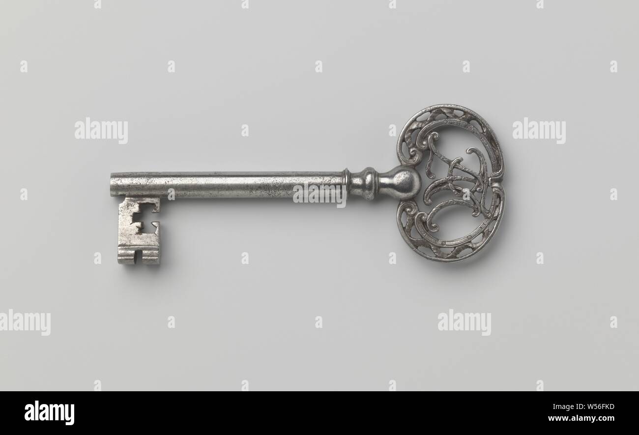 Key, in the ring the initials P.L.M.F.A., c. 1400 - c. 1950, iron (metal), l 12.1 cm × w 4.7 cm Stock Photo