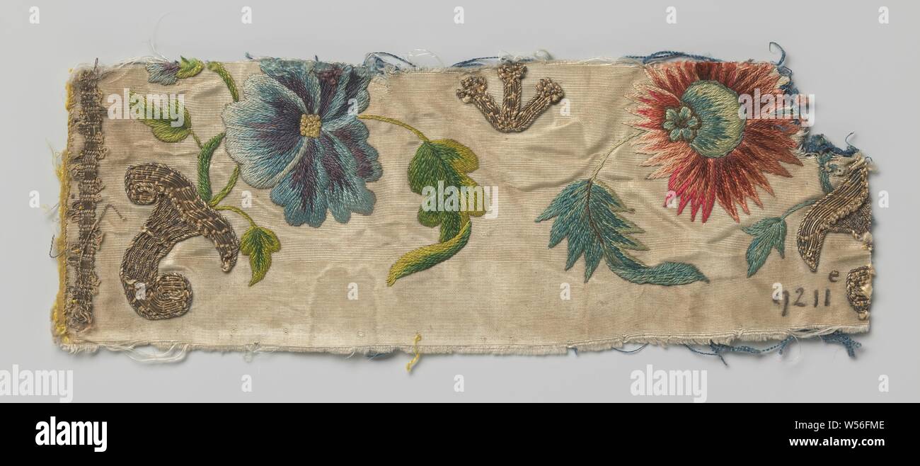 Fragment silk fabric with multicolored flower branches, Fragment silk fabric with a pattern of multicolored flower branches on white ground., anonymous, France (possibly), 1700 - 1799, silk, h 7.0 cm × w 20.4 cm Stock Photo