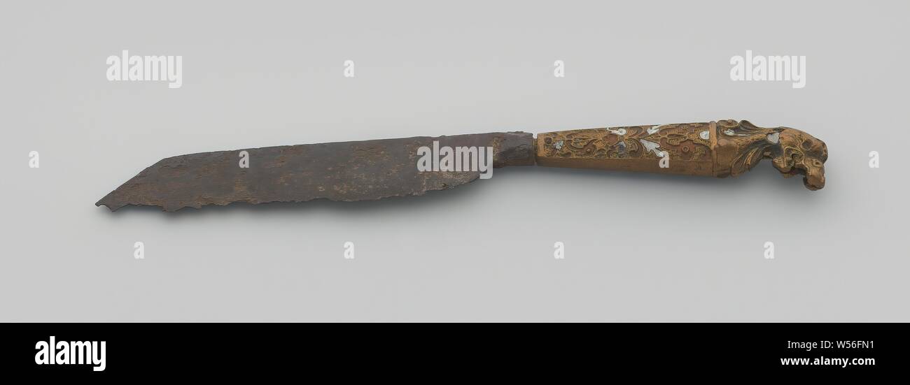Knife with handle ending in the head of a bird or dragon, Knife blade of  iron. The copper handle decorated with leaf motifs of enamel ends in the  head of a bird