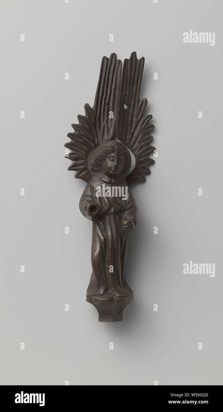 Angel, The figure consists of the following cast, hammered and cast parts: the angel, the wing piece, the hand riveted to the left arm. The angel stands on a five-sided base, which is marked at the front, has a notch at the back and is provided with a threaded round hole at the bottom. In the back a portion is recessed around the eye, in which the wing part can be fixed with a pin. The right hand and the object that held the angel are missing., anonymous, Southern Netherlands (possibly), 1475 - 1485, brass (alloy), h 20.5 cm × w 7.1 cm × t 4.8 cm Stock Photo