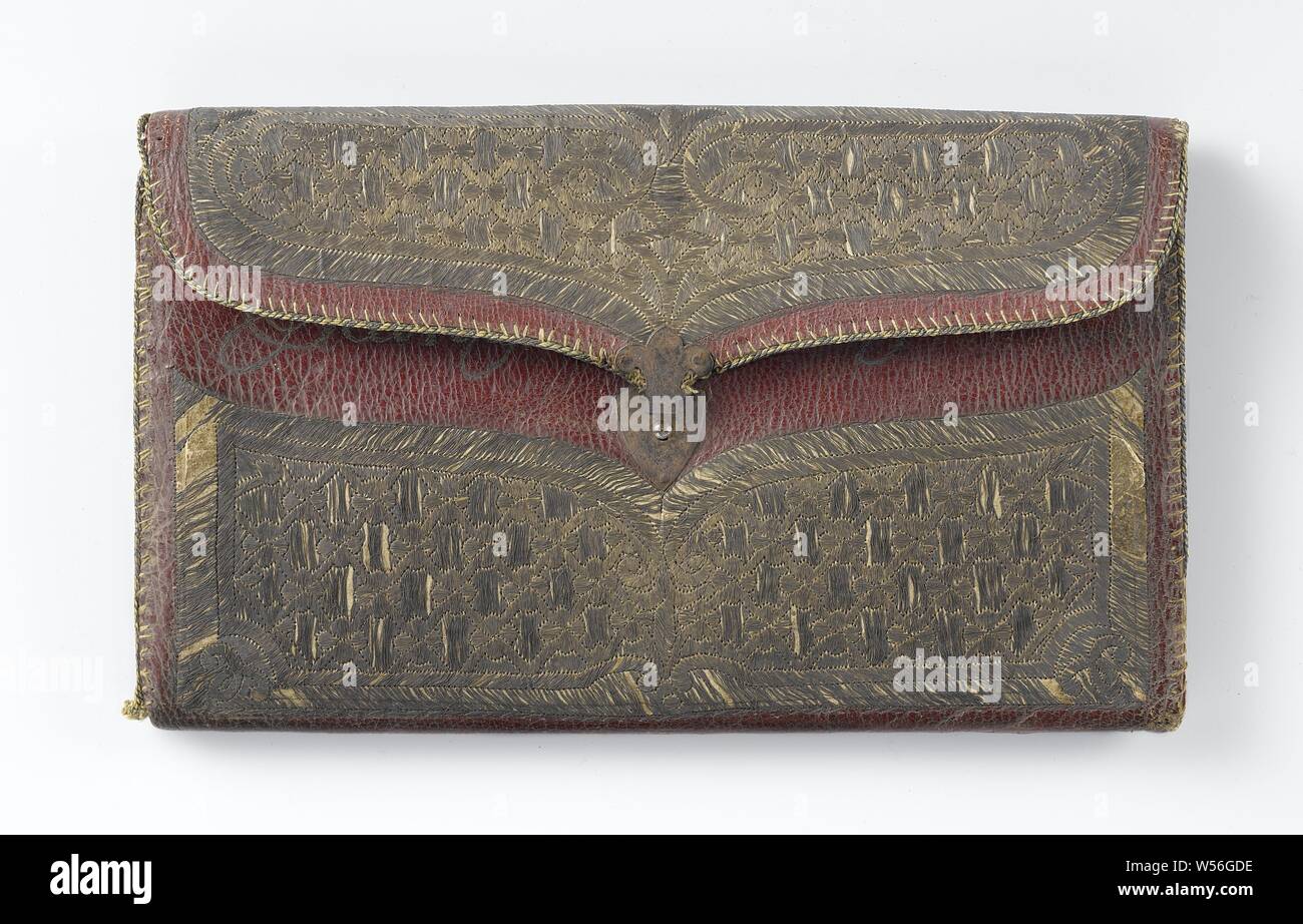 Letter bag in rectangular model of red leather embroidered with silver and gold thread, the name 'Jean Abraham Grill', 'Constantinople', '1754' embroidered, Letter bag in rectangular envelope model of red leather of which the the front, the flap and the back, except for the edges, are embroidered entirely with silver thread: a diagonally shaded frame contains a diamond pattern, each cross is enclosed in four circles, the spaces are filled with vertical hatches. The edge of the bag is trimmed with a golden-yellow border, which is secured with embroidery stitches. On the inside of the flap is ' Stock Photo