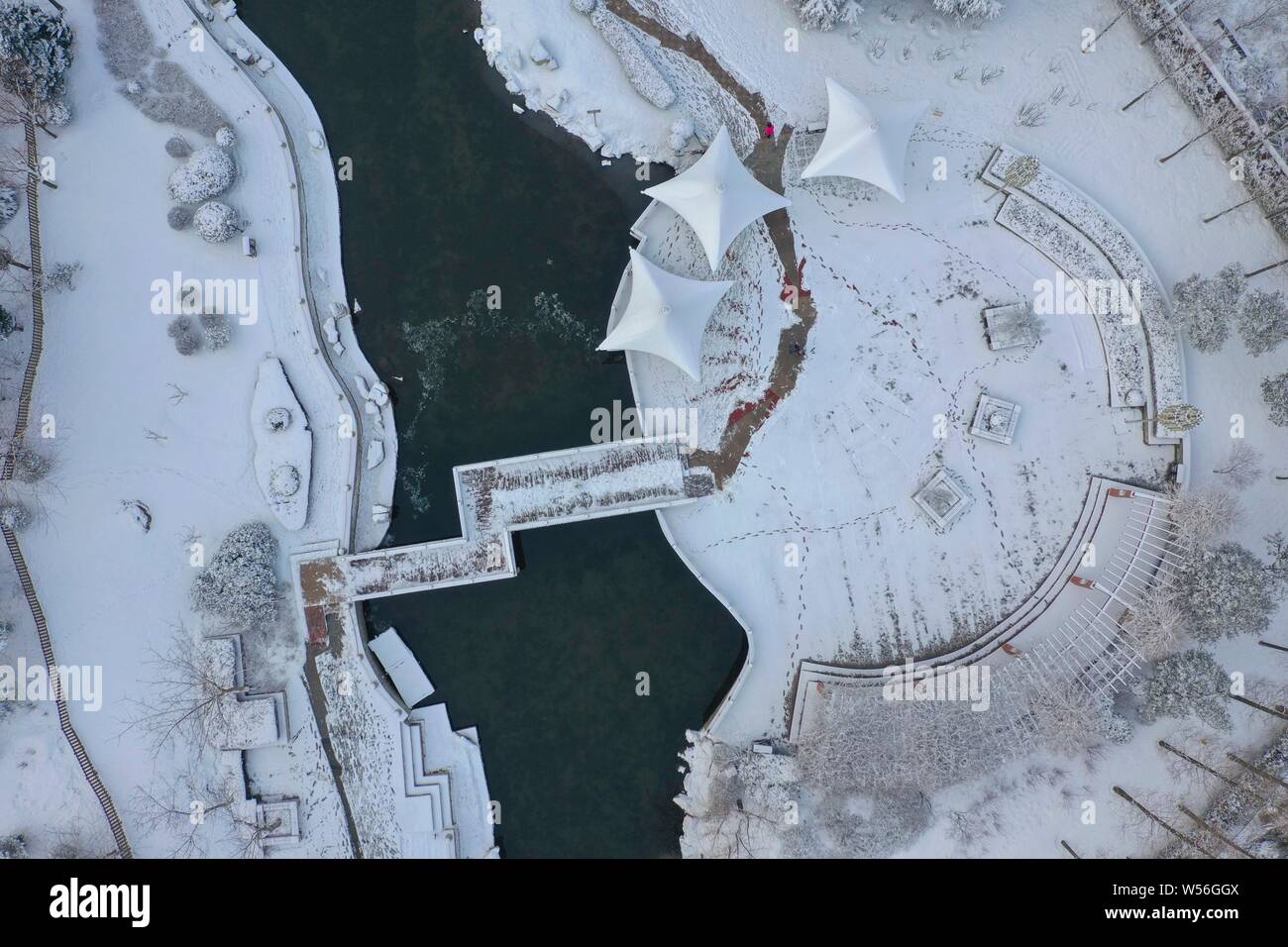 Aerial view of snowcovered buildings after a heavy snowfall in Qingdao