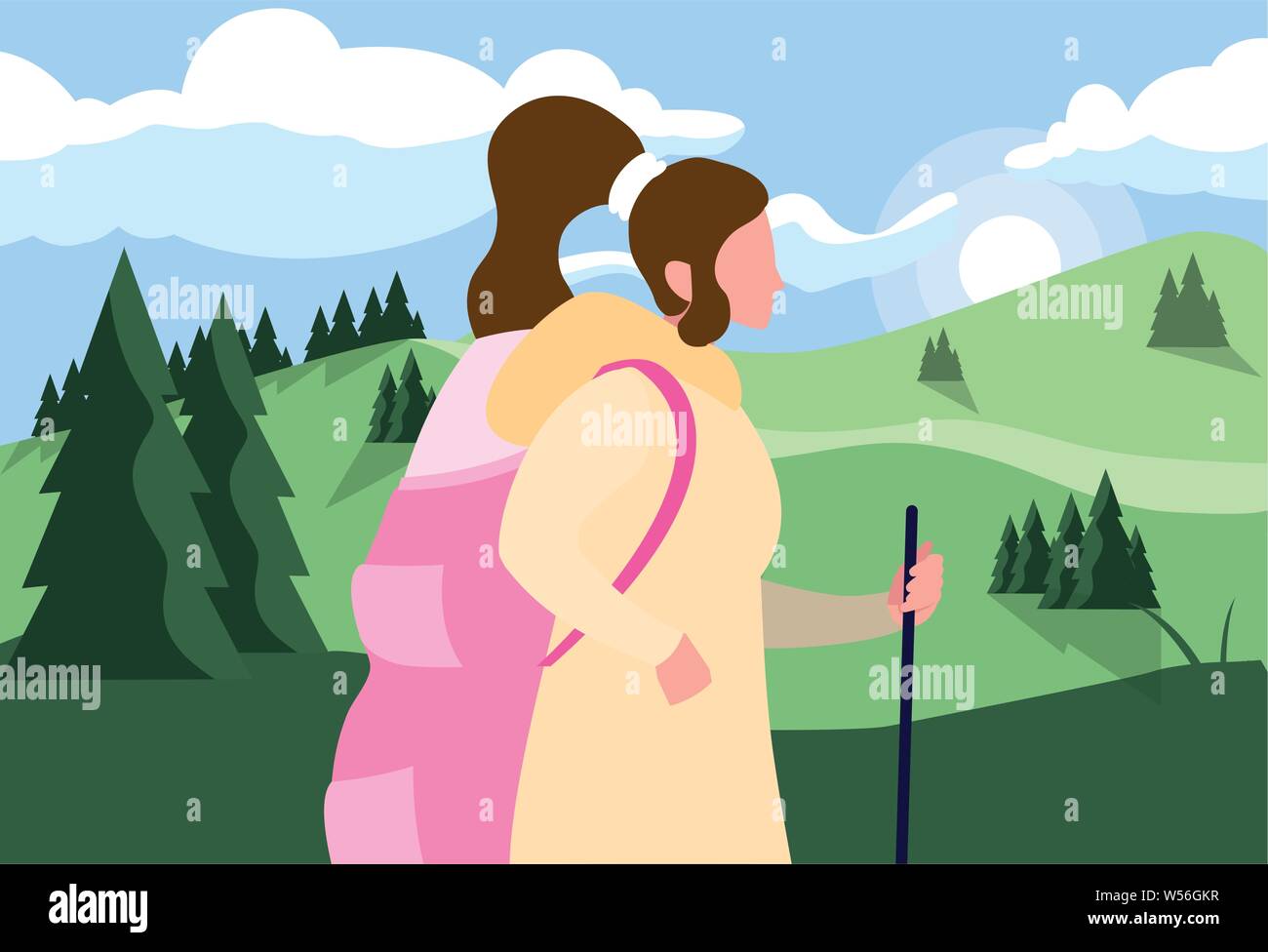 woman with backpack hiking wanderlust exploration field landscape