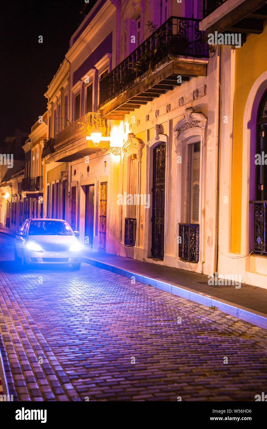 Old San Juan Puerto Rico street seen at night with old architecture and