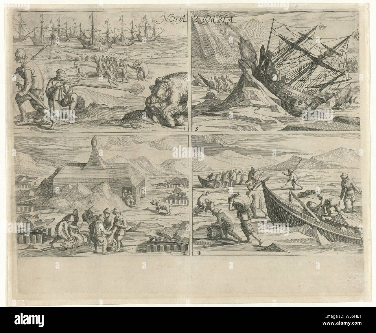 Nova Zembla, Sheet with four copies after the original illustrations in the travelogue of the journey of Willem Barendsz and Jacob van Heemskerck in 1596-1597 and the stay on the island of Nova Zembla. Numbered 1 to 4. Top left (1): Shooting of the polar bear that had attacked two sailors, September 6, 1595. In the background the ships off the coast. Bottom left (2): Shooting and skinning of a polar bear at the Behouden Huys, 12 February 1597. Top right (3): The ship jammed and lifted by the ice, 27 August - 1 September 1596. The crew brings the sloop and provisions to shore.. Bottom right (4 Stock Photo