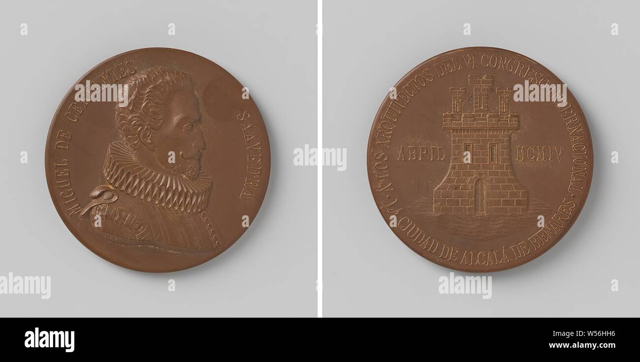 Sixth international congress in Alcala de Henares, medal in honor of Miguel de Cervantes, Bronze medal. Obverse: bust of a man in profile to the right Edge lettering: MIQUEL DE CERVANTES SAAVEDRA. Reverse: A castle tower located in the water with three smaller towers on either side, the inscription: A LOS ARQUITECTOS DEL VI CONGRESO INTERNACIONAL. LA CIUDAD DE ALCAL'A DE HENARES, Alcalá de Henares, Spain, Miguel de Cervantes Saavedra, Juan Bautista Feu, Madrid, 1904, bronze (metal), striking (metalworking), d 5 cm × w 66 Stock Photo
