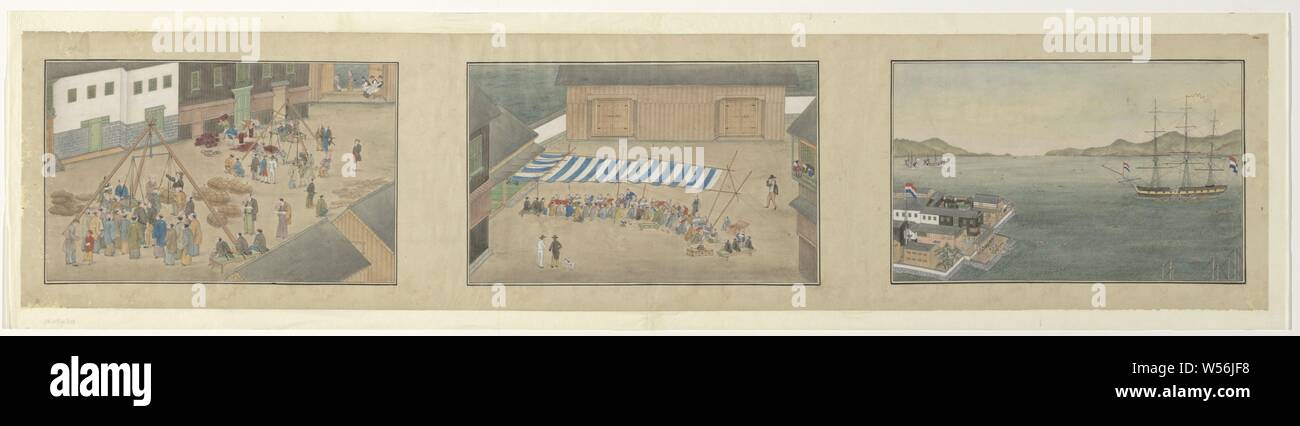The Dutch trading company at Deshima, Three scenes: Weighing of merchandise (possibly buyer) in two large scales. The trading of sheets under a cover of striped fabric. The bay of Nagasaki with on the left a part of the island of Deshima and on the right a Dutch ship, Deshima, Dutch East India Company, Kawahara Keiga, Nagasaki, c. 1810, paper, ink, h 22.5 cm × h 123 cm × w 19.3 cm Stock Photo