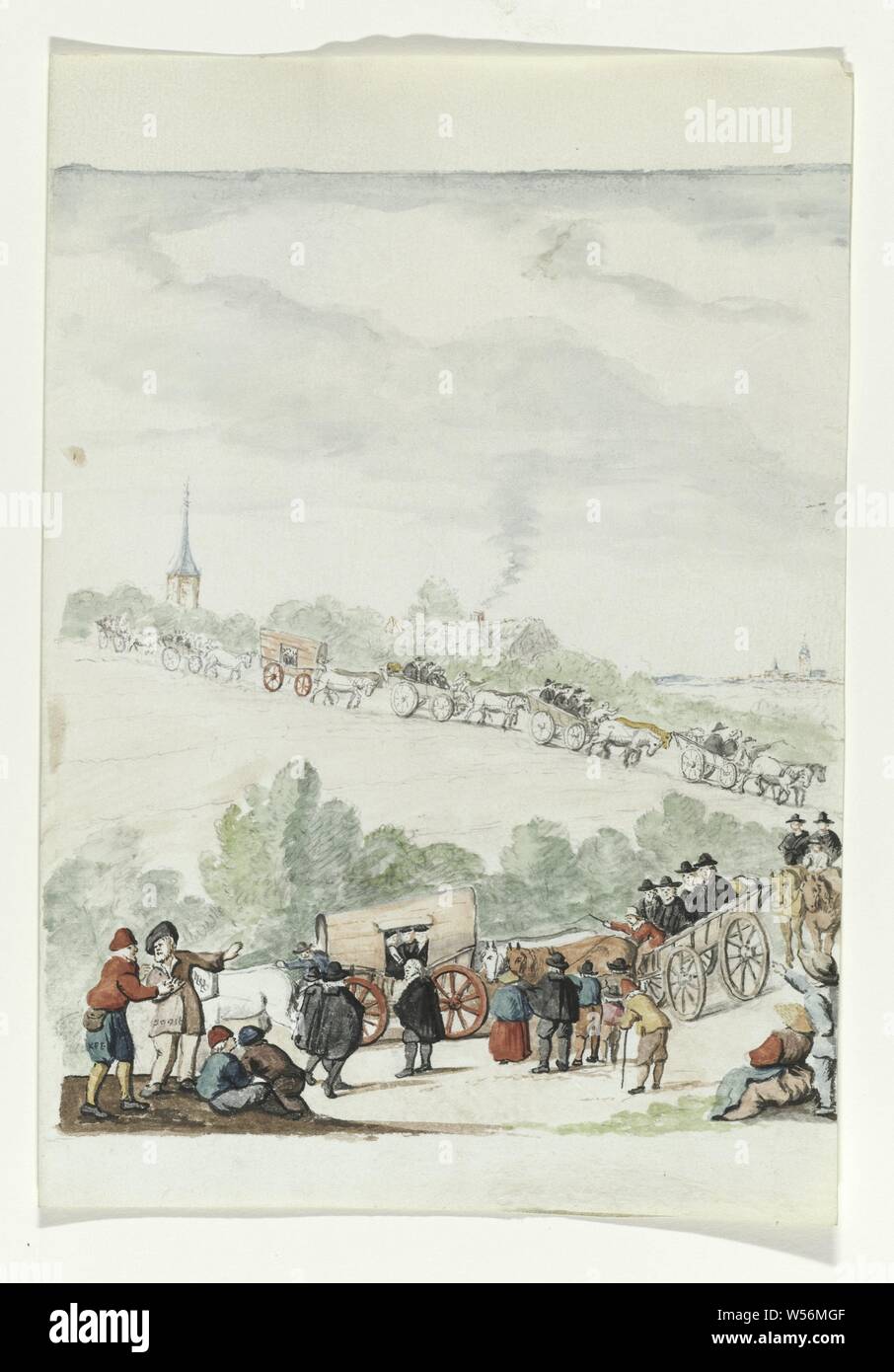 The exodus of the Remonstrants Regtspleging of Oldenbarnevelt (series title), Watercolor on which a procession of cars and people. In the background a church tower. Copy of the print entitled 'D'Arminiaensche uytvaert'. With handwritten explanation. Associated with series of watercolors in book, Johan van Oldenbarnevelt, anonymous, Netherlands, 1708 - 1795, parchment (animal material), watercolor (paint), ink, pen, h 23.5 cm × w 19 cm Stock Photo