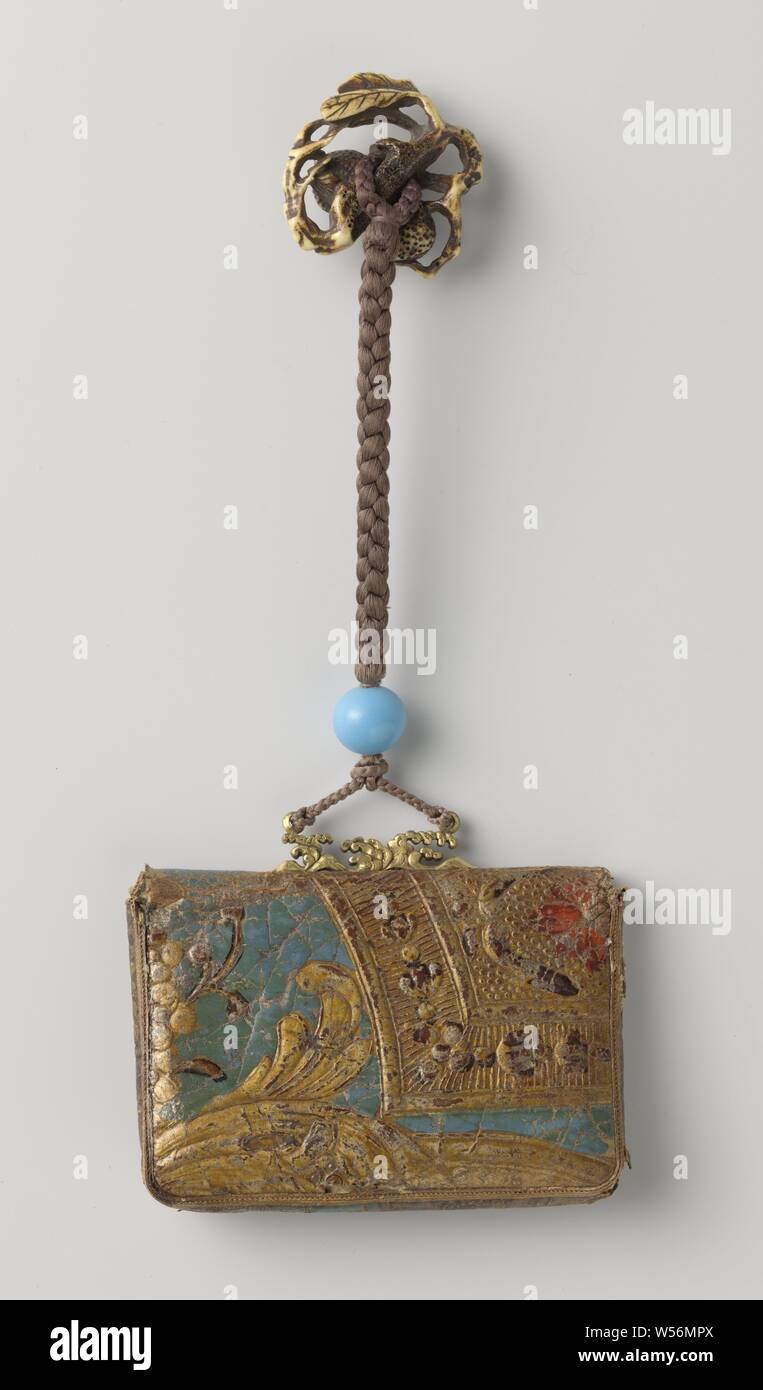 Tobacco pouch (tabako-ire), Gold leather tobacco pouch with remains of red  and sea green paint. Transfer with pressure closure (kanamono) of bronze  with representation of a dragon in the water. Copper ornament (