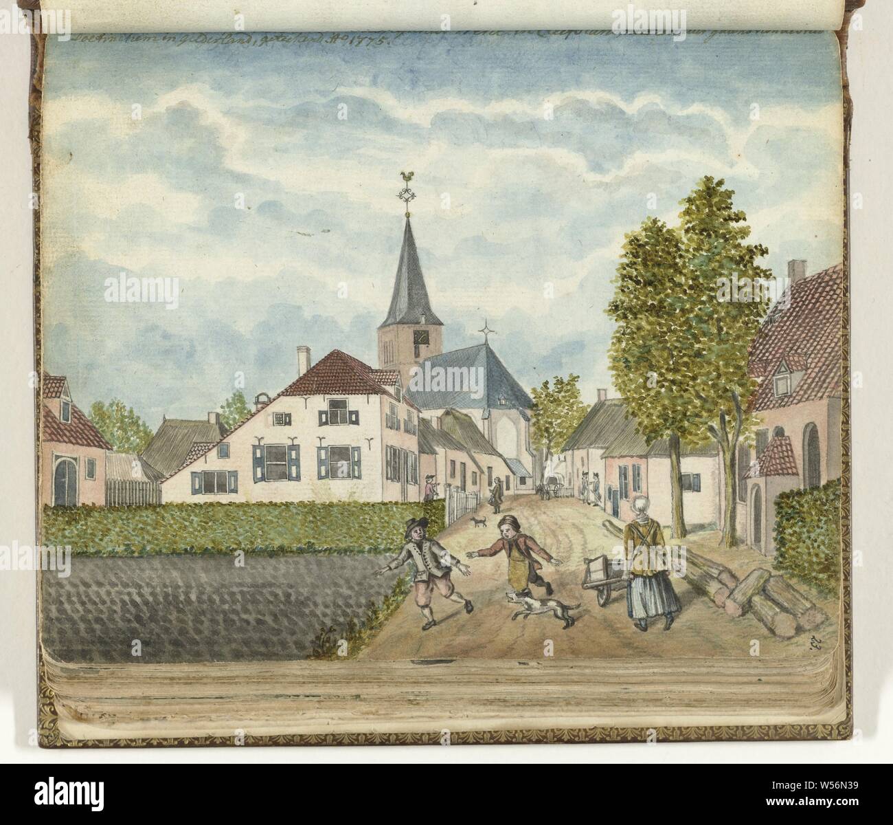 The village of Wehl in Cleefsland, Color Drawing. View of the village of Wehl 'an hour's walk' from Doetinchem. An unpaved road to the church with houses on either side. Children playing in the foreground and a woman with a wheelbarrow. Behind are two men and two soldiers. With inscription. Part from the sketchbook by Jan Brandes, dl. 1 (1808), p. 23, Wehl, Jan Brandes, 1775, paper, pencil, brush, h 155 mm × w 195 mm Stock Photo