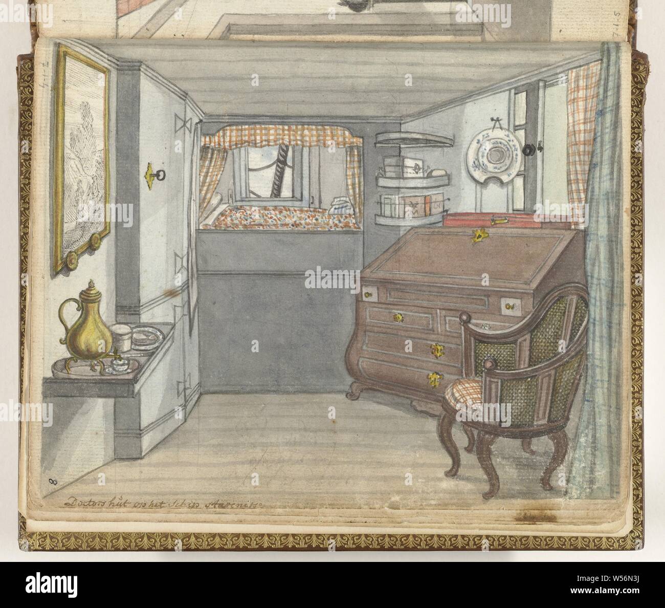 Surgeon's cabin on the VOC ship Stavenisse, Interior in moderate perspective of a ship's cabin. The far point in the drawing lies in a ship cage that is too small with bedding and fired with window curtains. A piece of mittens is visible through a porthole. The cabin is quite extensively furnished. On the left is a painting or print on the wall. Below is a coffee set. To the right is a chair for a commode. A shaving basin hangs above it. Shelves with books to the right of the cage. On one: VOCM, from the VOC Chamber Middelburg. With inscription. Part from the sketchbook by Jan Brandes, dl. 1 Stock Photo