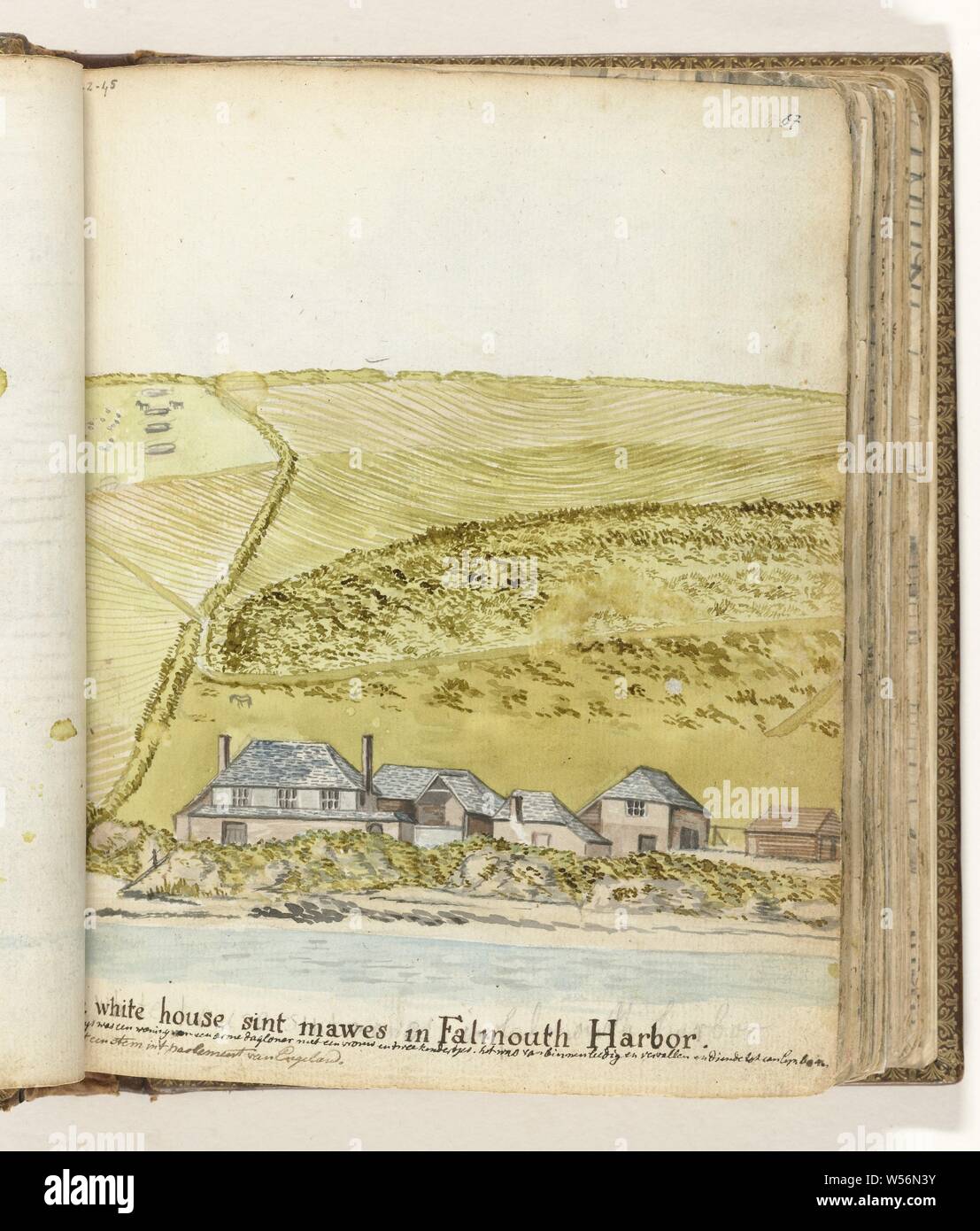 House in Falmouth harbor, Color drawing of a number of houses by the sea against a backdrop of a steep green coast. The drawing was made from the anchor of an old-fashioned Oostindievaarder 'Holland'. A sloop sails people ashore. With inscription. Part from the sketchbook by Jan Brandes, dl. 2 (1808), p. 67, Cornwall, Falmouth, Jan Brandes, Jun-1778, paper, pencil, brush, h 195 mm × w 155 mm Stock Photo