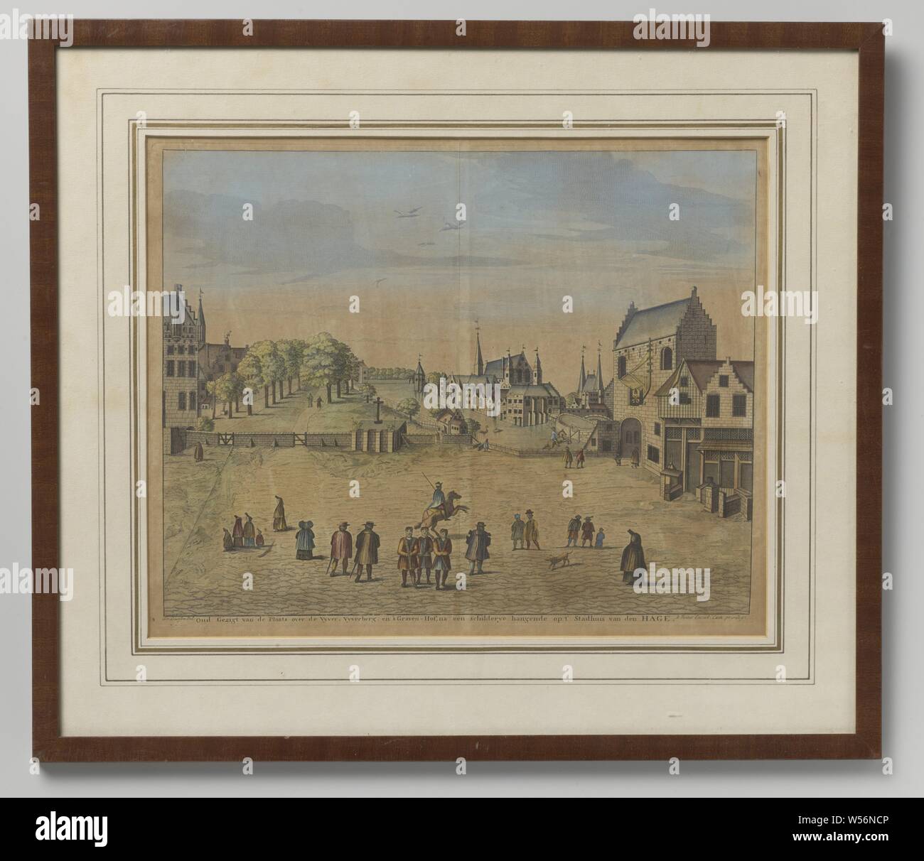 Oud Gezigt van de Plaats across the Vijver, Vijverberg and 's-Gravenhof, Colored print on brown discolored paper of a square with people in front of buildings, a park, pond and again buildings with streamers. Mounted in paper, framed in wood behind glass. Achterkant: 'Offered on 24 June 1955 to Dr. ir. W. Drees, Prime Minister by the officials of the department of general affairs on the occasion of his second lustrum as minister. ' Reproduction to a painting hanging at 't Stadhuis van den Hage, The Hague, Willem Drees, Reinier Boitet, Netherlands, 1952, paper, printing, h 420 mm × w 490 mm d Stock Photo