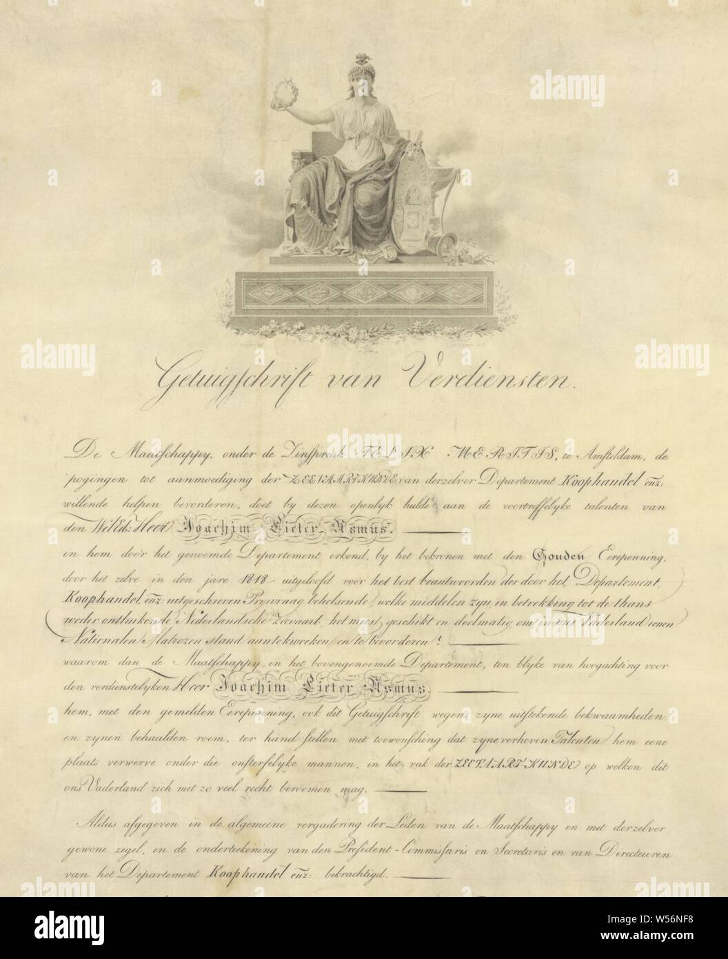 Certificate of Merits belonging to the golden medal of honor of Maatschappij Felix Meritis, awarded to Joachim Pieter Asmus, top center: logo, printed text with l.o. blind seal. Handwritten the names and dates are entered, Amsterdam, Jochem Pietersz. Asmus, Felix Meritis, Maatschappij Felix Meritis, 6-Jan-1823, parchment (animal material), ink, printing, h 53 cm × w 43 cm Stock Photo