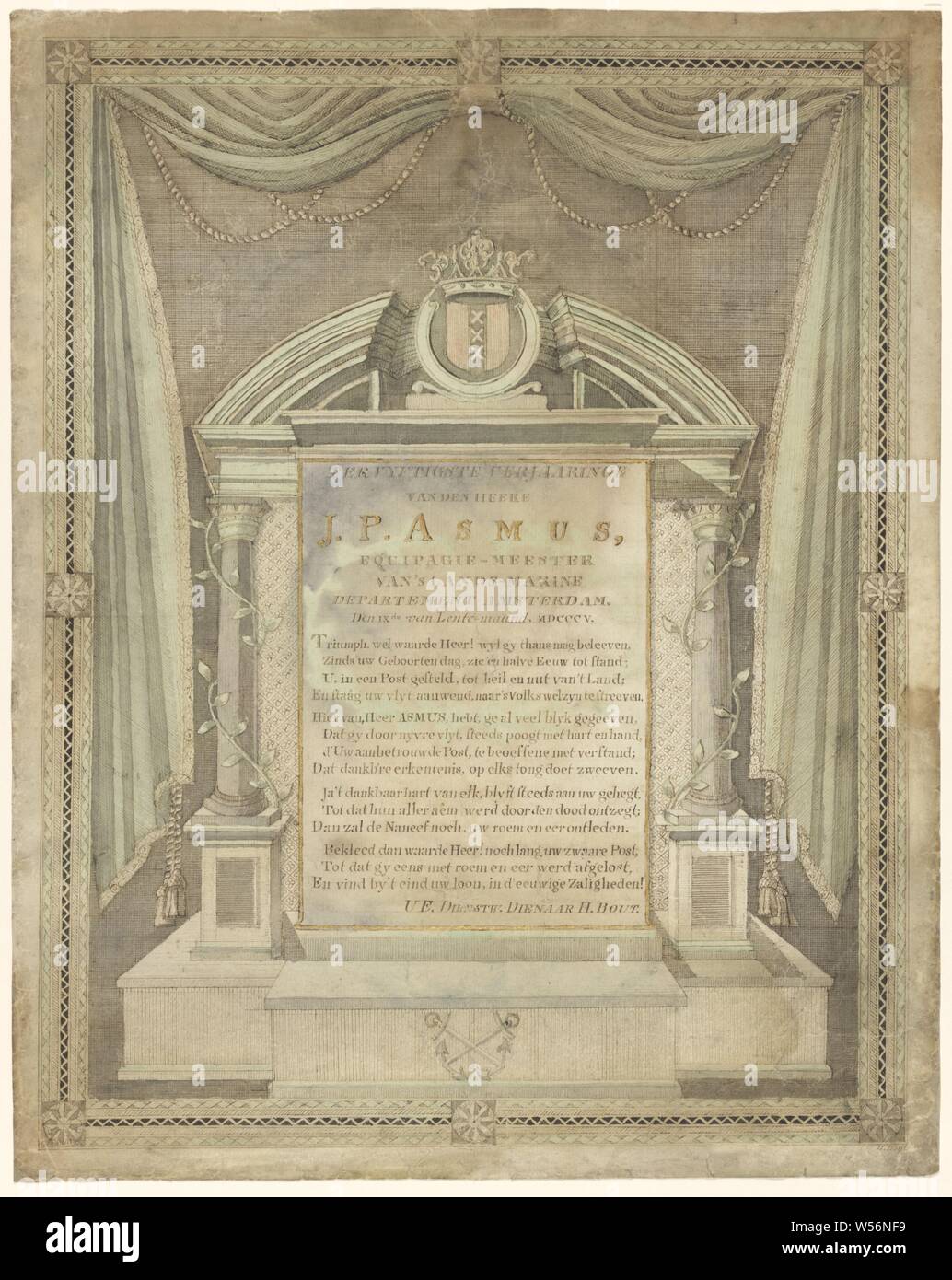 Poem on the fiftieth birthday of the equipage master of the Dutch navy, department of Amsterdam, Joachim Pieter Asmus, Central the inscription and the 14-line poem. Around it is a gate with a pillar crowned with the Amsterdam coat of arms on the left and right. Far left: drapery. The representation is painted on the reverse in the colors: red, green, blue and black. If the poem is held up to the light, the entangled letters P J A, from the reverse, are visible, Amsterdam, Jochem Pietersz. Asmus, H. Bout, 9-Mar-1805, paper, ink, watercolor (paint), writing (processes), h 46 cm × w 37 cm Stock Photo
