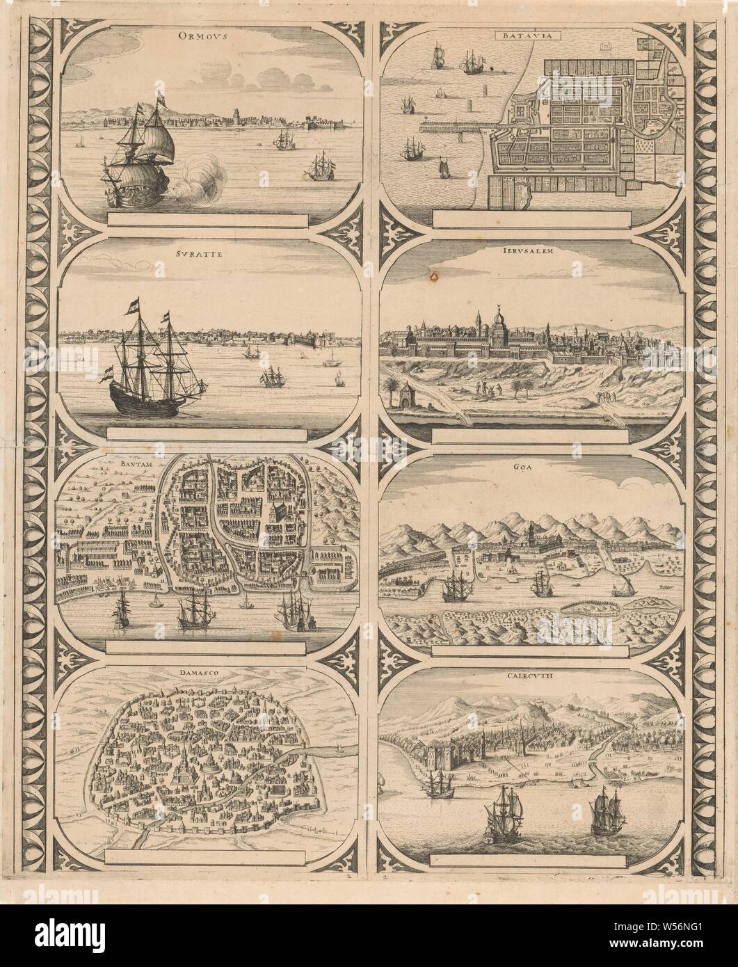 Ormovs / Svrattte / Bantam / Damasco / Batavia / Iervsalem / Goa / Calecvth (title on object), Sheet with two vertical strips each with four views of the cities in Asia: Hormoz, Suratte, Bantam, Damascus, Batavia, Jerusalem, Goa and Calcutta. Uncut leaf with eight peripheral figures intended to be glued into strips as a frame around a map of a continent, maps of cities, prospect of city, town panorama, silhouette of city, Hormoz, Jazireh-ye, Goa, Calcutta, anonymous, Amsterdam, 1670 - 1672, paper, etching, h 525 mm × w 437 mm Stock Photo