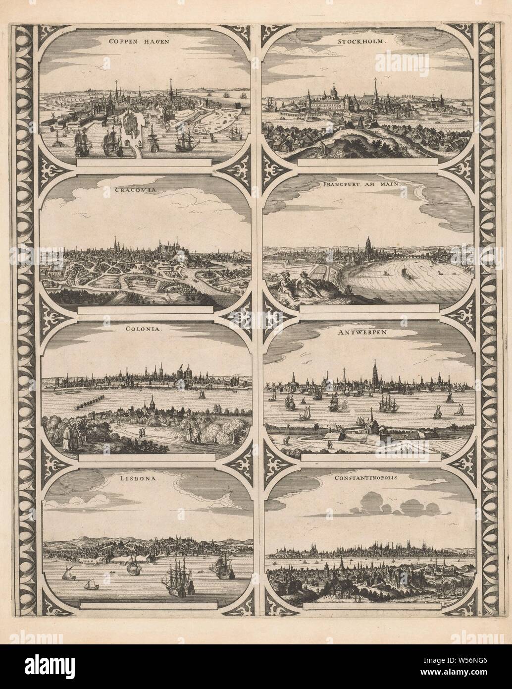 Coppen Hagen / Cracovia / Colonia / Lisbona / Stockholm / Francfurt am Main / Antwerp / Constantinopolis (title on object), Sheet with two vertical strips, each with four views of cities in Europe: Copenhagen, Krakow, Cologne, Lisbon, Stockholm, Frankfurt am Main, Antwerp and Constantinople. Numbered lower right: 2. Uncut sheet with eight peripheral figures intended to be glued into strips as a frame around a map of a continent, maps of cities, prospect of city, town panorama, silhouette of city, Copenhagen, Antwerp, Constantinople, anonymous, Amsterdam, 1670 - 1672, paper, etching, h 512 mm Stock Photo