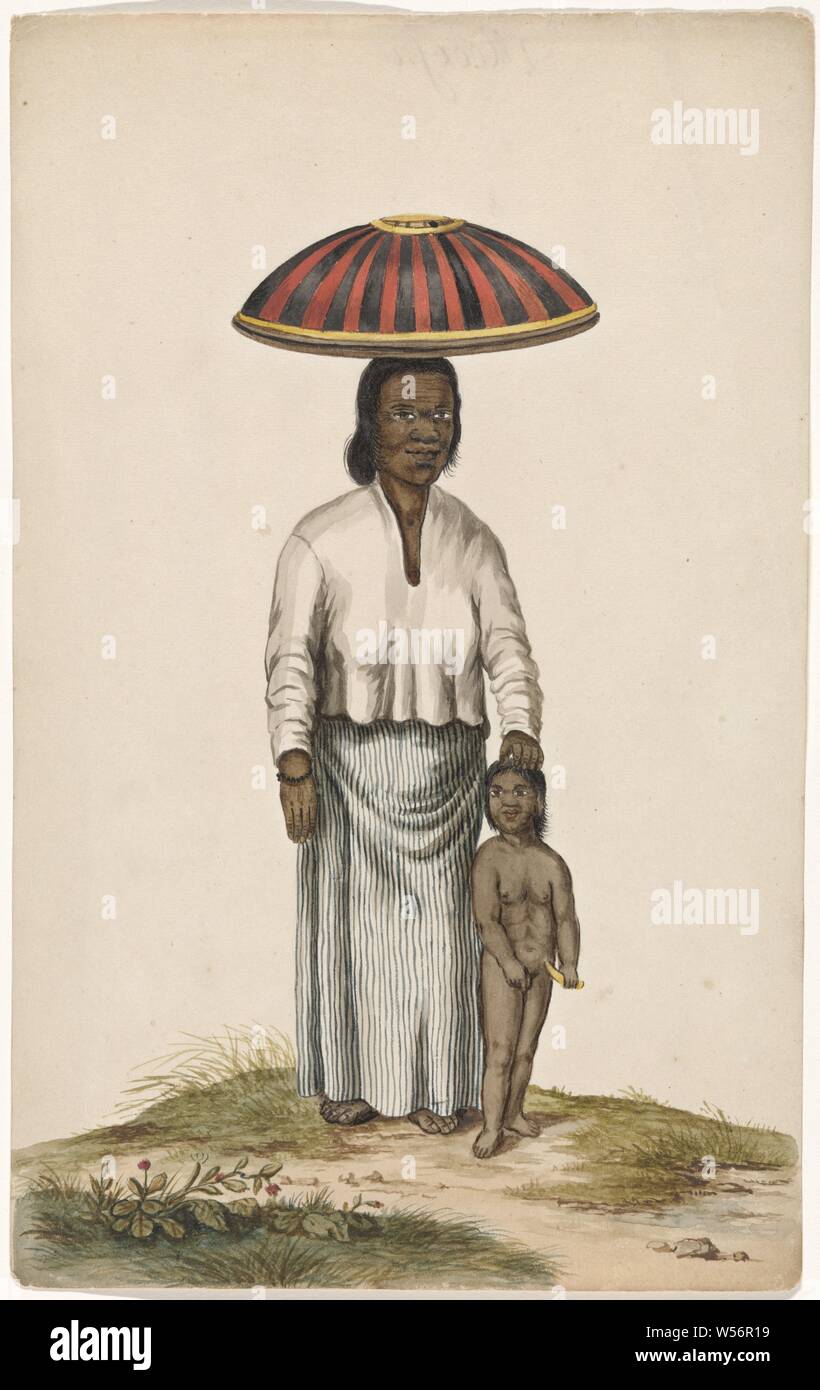 Woman with child and food lid, Javanese woman with child and a food lid on her head to cover food, Asiatic races and peoples, Java, anonymous, Netherlands (possibly), c. 1675 - c. 1725, paper, watercolor (paint), h 320 mm × w 200 mm Stock Photo