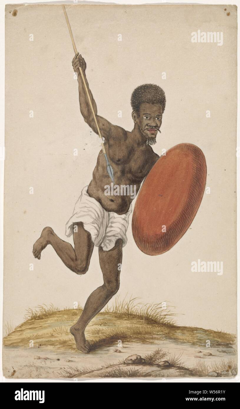 Malagasy warrior with assegai and shield, Black warrior in a white cloth. He is wearing an assegaai (spear) and a red shield, Africans, Madagascar, anonymous, Netherlands (possibly), c. 1675 - c. 1725, paper, watercolor (paint), h 320 mm × w 200 mm Stock Photo
