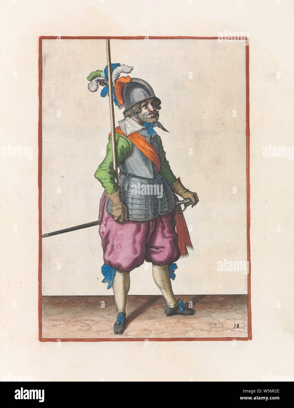Soldier carrying his spear in the right hand vertically Corte onderwysinghe in the figuerliicke imagehe, interested in right ghebruyck, from all the way a Soldaet is acting of the Spies necessary (original series title), A full-length soldier holding a spear (lance) leaning vertically in his right hand against his right arm. This print is part of the series of 32 hand-numbered prints of skewers in the Arms Act. This copy with the number printed, handling of weapons, military training, helved weapons, polearms (for striking, hacking, thrusting): lance, Jacob de Gheyn (II) (workshop of), Stock Photo