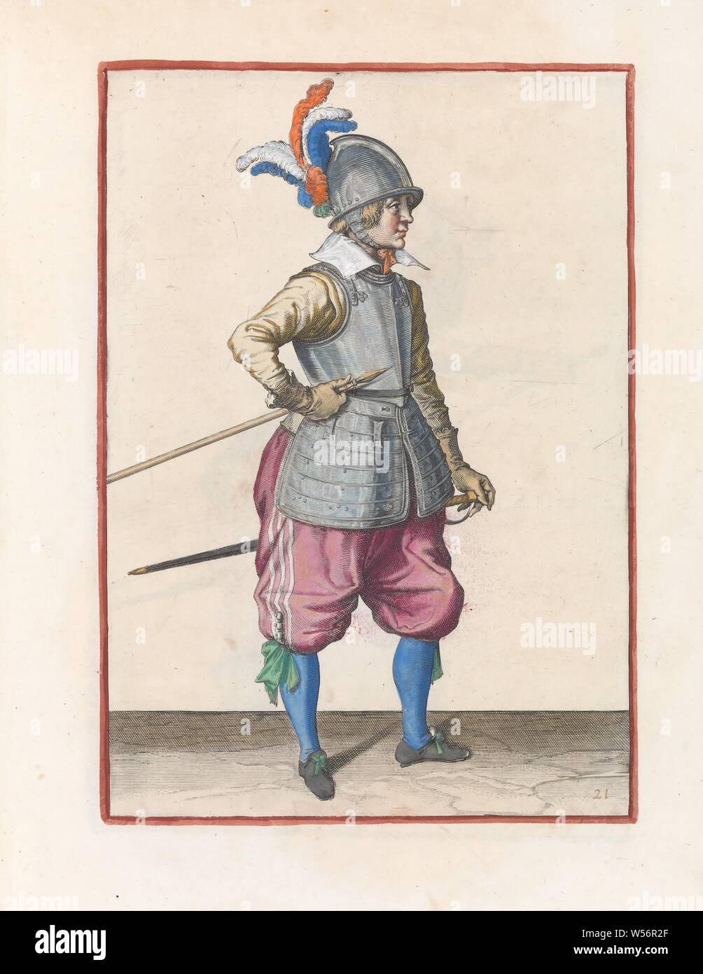 Soldier carrying his skewer with his right hand on his right side, the point tilted up and near his abdomen Corte Onderwysinghe on the figuerliicke image acting of the Spies noodich is (original series title), A soldier, full-length, to the right, who carries his spear (lance) with his right hand at his right side, the point tilted up and close to his belly. This print is part of the series of 32 hand-numbered prints of skewers in the Arms Act, handling of weapons, military training, helved weapons, polearms (for striking, hacking, thrusting): lance, Jacob de Gheyn (II) (workshop of), Stock Photo