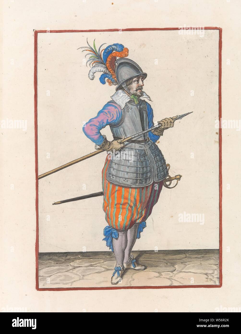 Soldier carrying his skewer with both hands on his right side, the point tilted up and close to his abdomen Corte lower body on the figuerliicke image acting of the Spies noodich is (original series title), A soldier, full-length, to the right, who carries his spear (lance) with both hands at his right side, the point tilted up and close to his belly. This print is part of the series of 32 hand-numbered prints of skewers in the Arms Act, handling of weapons, military training, helved weapons, polearms (for striking, hacking, thrusting): lance, Jacob de Gheyn (II) (workshop of), The Hague, c Stock Photo