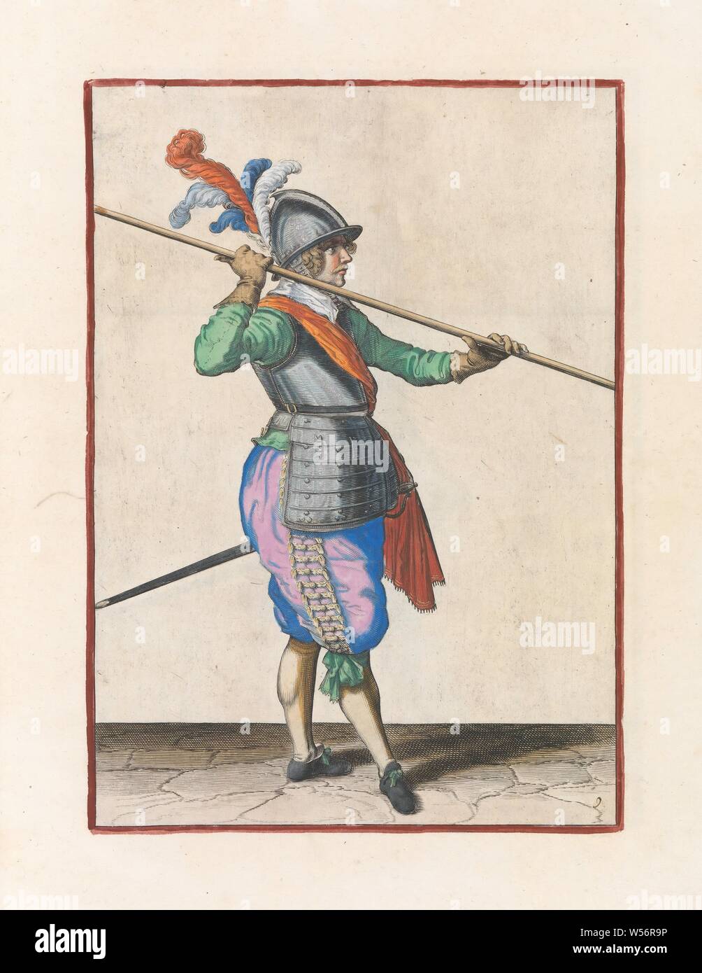 Soldier carrying his skewer almost horizontally above his right shoulder Corte onderwysinghe on the figuerliicke imagehe, important right ghebruyck, from all the time a Soldaet is acting of the Spies need (original series title), A soldier, full-length, to the right, who carries a spear (lance) almost horizontally above his right shoulder. His hands far apart around the skewer. This is the second operation for lifting the skewer to the shoulder and carrying it horizontally. This print is part of the series of 32 hand-numbered prints of skewers in the Arms Act, handling of weapons, military Stock Photo