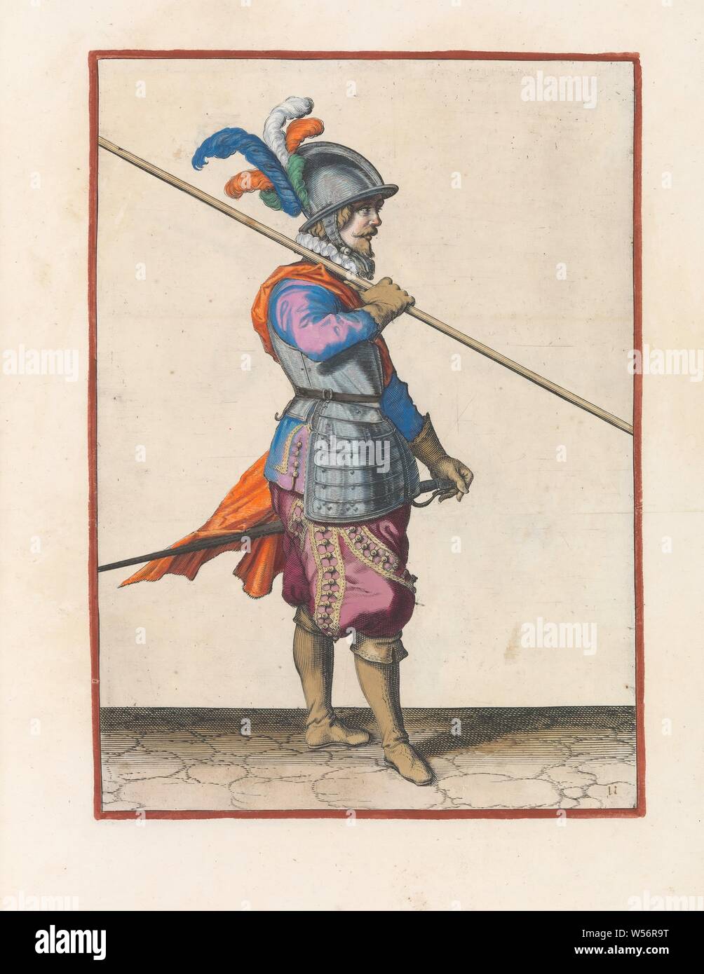 Soldier carrying his skewer on his right shoulder, the point pointed obliquely to the ground Corte onderwysinghe on the figuerliicke depiction is (original series title), A soldier, full-length, to the right, who wears a spear on his right shoulder, the point pointed obliquely to the ground. His right hand around the skewer. This print is part of the series of 32 hand-numbered prints of skewers in the Arms Act, handling of weapons, military training, helved weapons, polearms (for striking, hacking, thrusting): lance, Jacob de Gheyn (II) (workshop of), The Hague, c. 1597 - 1607, paper Stock Photo