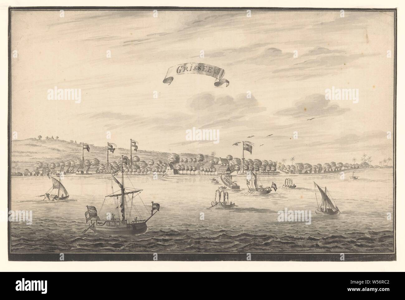 View of Grissee, Grissee (title on object), View of the VOC's lodge in the place Grisek (Grissee) on East Java. With a few Dutch and native ships off the coast, coastal strip with settlement across the entire width. Four Dutch flags waving on masts under high sky. Framed with black borders, trade company, harbor, pier, quay, wharf, sailing ship, sailing boat (with NAME), Grissee, Dutch East India Company, A. de Nelly (possibly), 1775 - 1780, paper, ink, brush, h 312 mm × w 477 mm Stock Photo