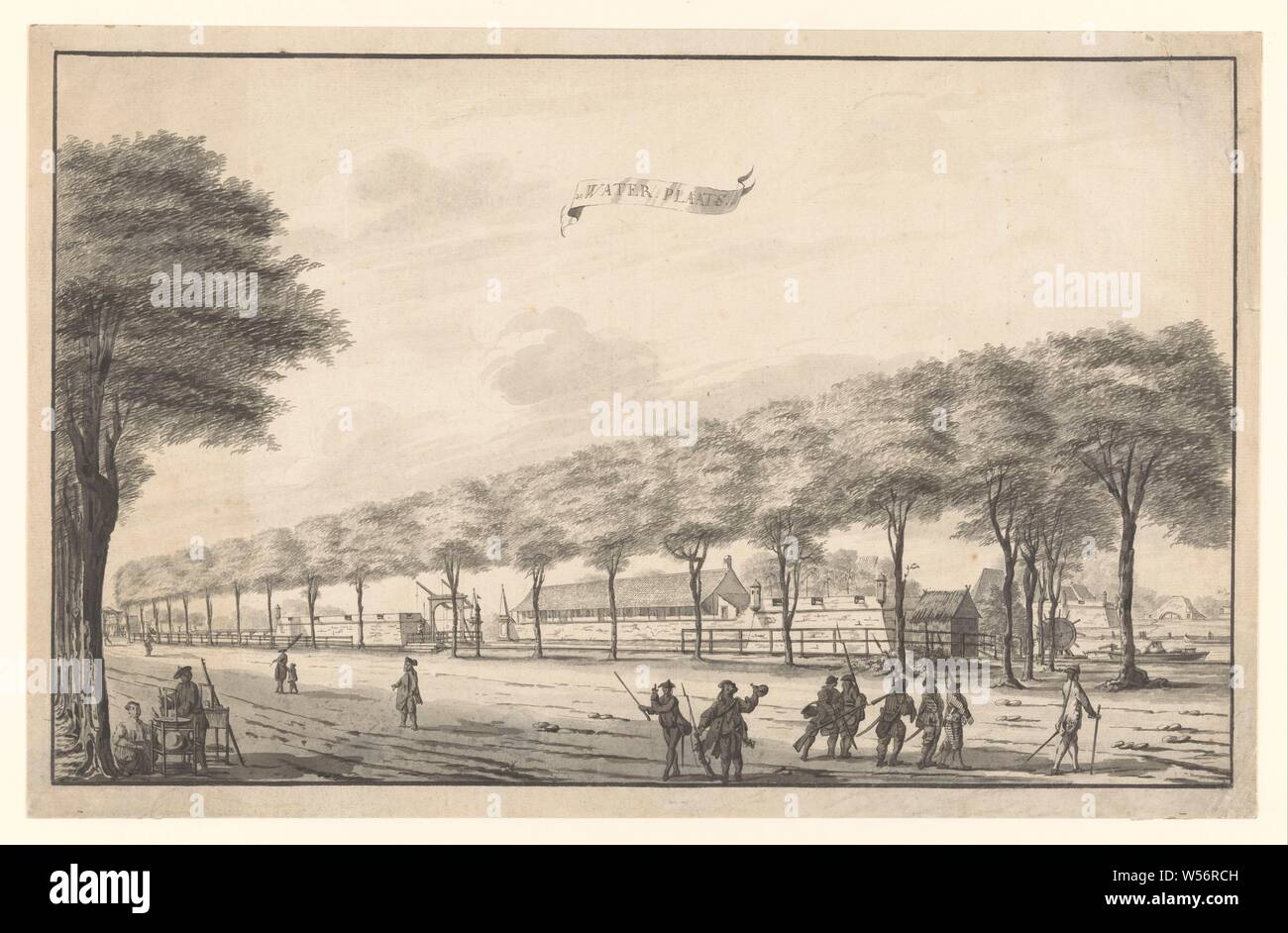 View of Fort de Waterplaats on Molenvliet te Batavia, Waterplaats (title on  object), View of Fort de Waterplaats on the Molenvliet in Batavia. View of  an avenue with the fortress behind a