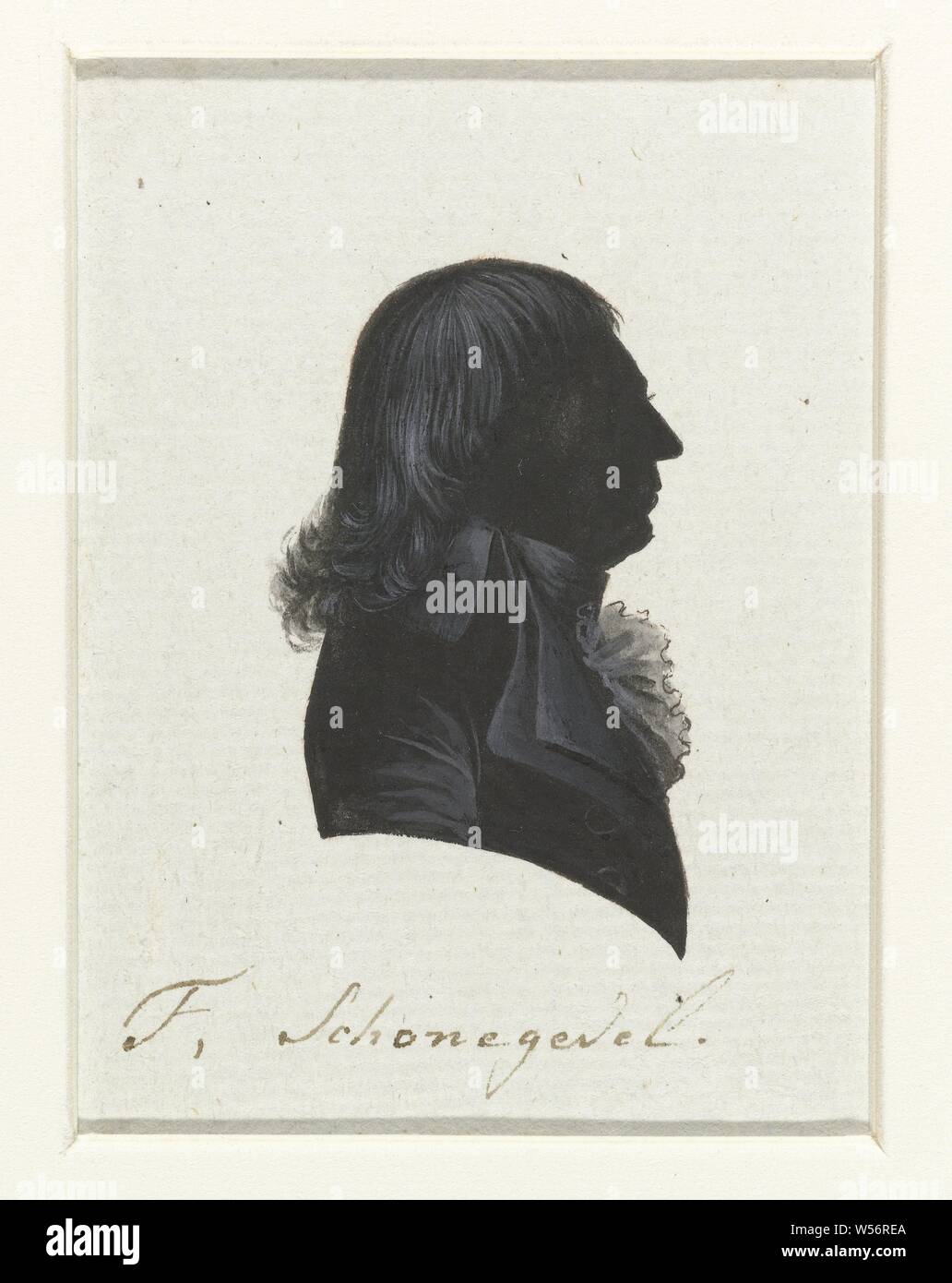 T. Schonegevel, Representatives of the first National Assembly of the Batavian Republic (series title) Silhouette of bust in profile to the right. Loose hair hanging over the shoulder. Jabot. Inscription, o .: F. Schonegevel, The Hague, Drachten, Taco Schonegevel, National Assembly, Batavian Republic, Hausdorff (possibly), Netherlands, 1796, paper, India ink (ink), drawing, h 8.5 cm × w 6.2 cm Stock Photo