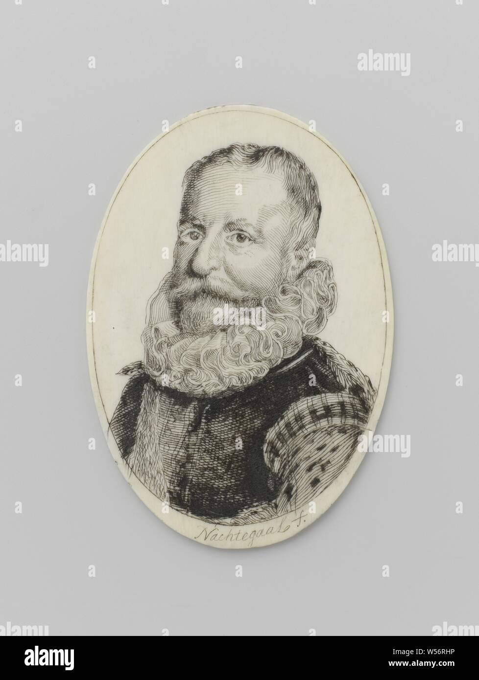 Miniature portrait of Rombout Hoogerbeets, Oval miniature portrait of a man (Rombout Hoogerbeets), bust, three-quarters to the left, looking at the viewer, with ruff and dark jerkin with lighter sleeves and shoulder flaps, on white background. Inscription reverse, Leiden, Rombout Hogerbeets, Clemens Nachtegaal, Netherlands, 1600 - 1699, ivory, ink, pen, h 7.7 cm × w 5.3 cm Stock Photo