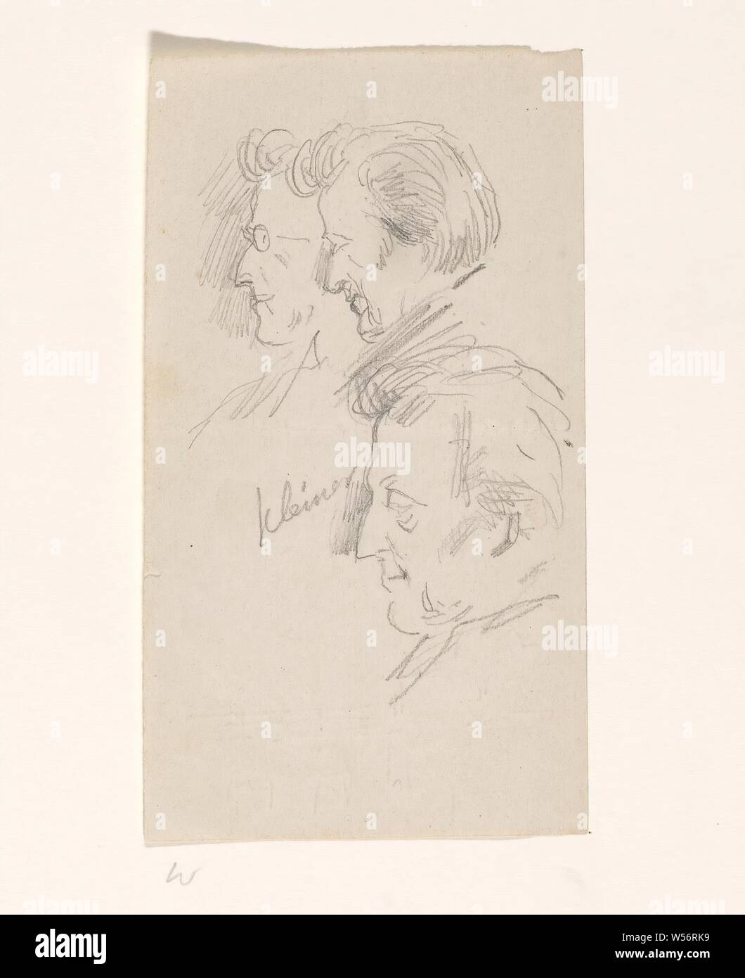 Sketch of men, Sheet with a sketch of three unknown men, probably MPs. Possible preliminary study for political cartoon. 'Smaller' inscription. On the reverse a sketch of buildings, historical persons not known by name, Netherlands, Johan Michael Schmidt Crans, 1875 - 1895, paper, pencil, h 139 mm × w 80 mm Stock Photo