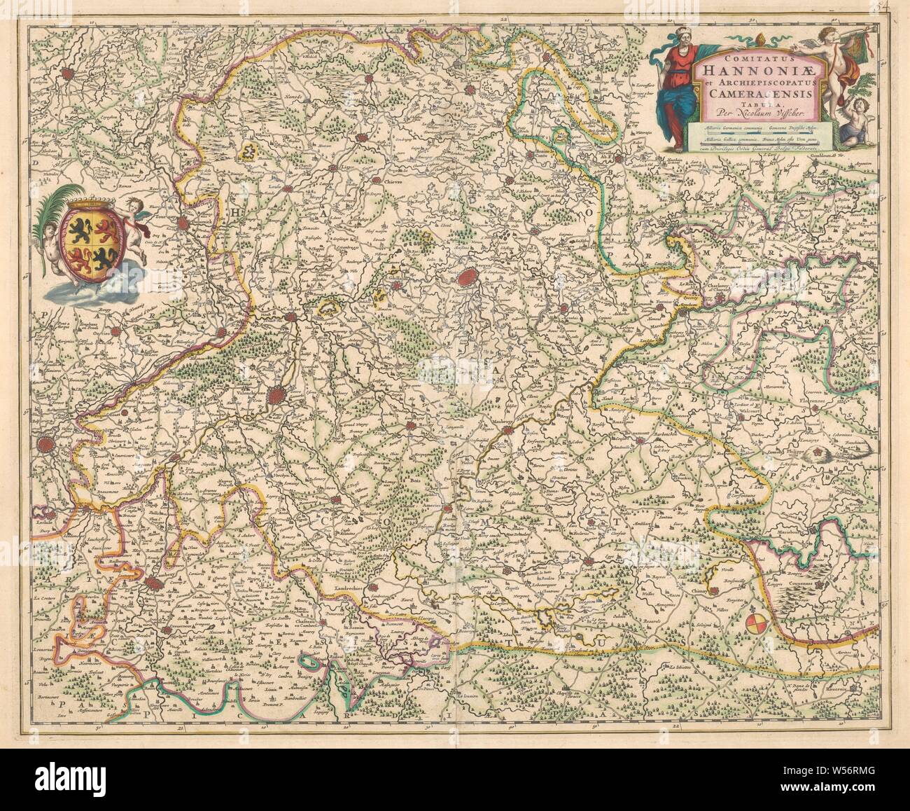 Cartography in 17th century, Hainaut and of the Archdiocese of Kamerijk, Map of Hainaut and Kamerijk, the north shifted slightly to the left. Inscription r.b. flanked by allegorical figures and putti, just below it in scale in German and French miles and Privilegie. L.b. crowned coat of arms flanked by putti. The borders on the map are colored and trees, branches and buildings have been drawn. Inscription, r.b .: COMITATUS / HANNONIAE / ARCHIEPISCOPATUS / CAMERACENSIS / TABULA. Signed, r.b .: Per Nicolaum Visscher, Hainaut, Cambrai, Nicolaes Visscher (I), Amsterdam, 1650 - 1700, paper Stock Photo
